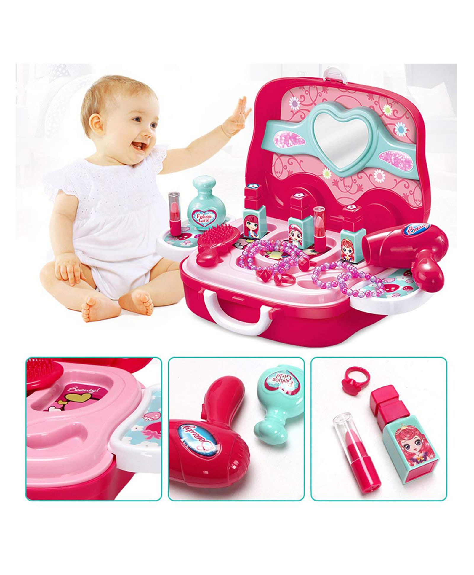 Sanjary Beauty Make up case and Cosmetic Set Wheel Suitcase with Makeup Accessories 18 Pieces Set Toy for Kids Color May Vary-image-47