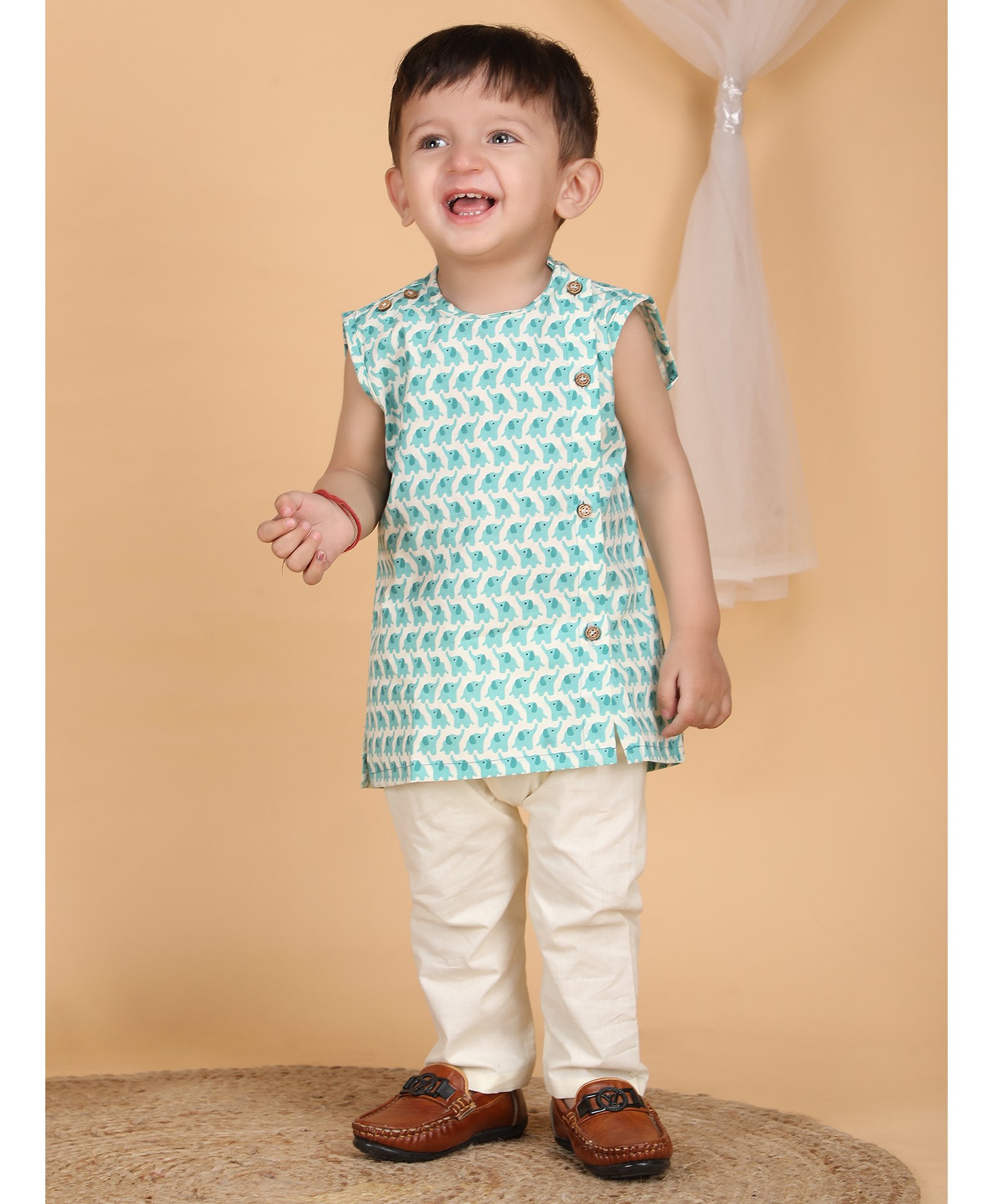Polka Tots Cotton Sleeveless Baby Elephants Printed Jhabla & Pant Set - Aqua Blue-image-43