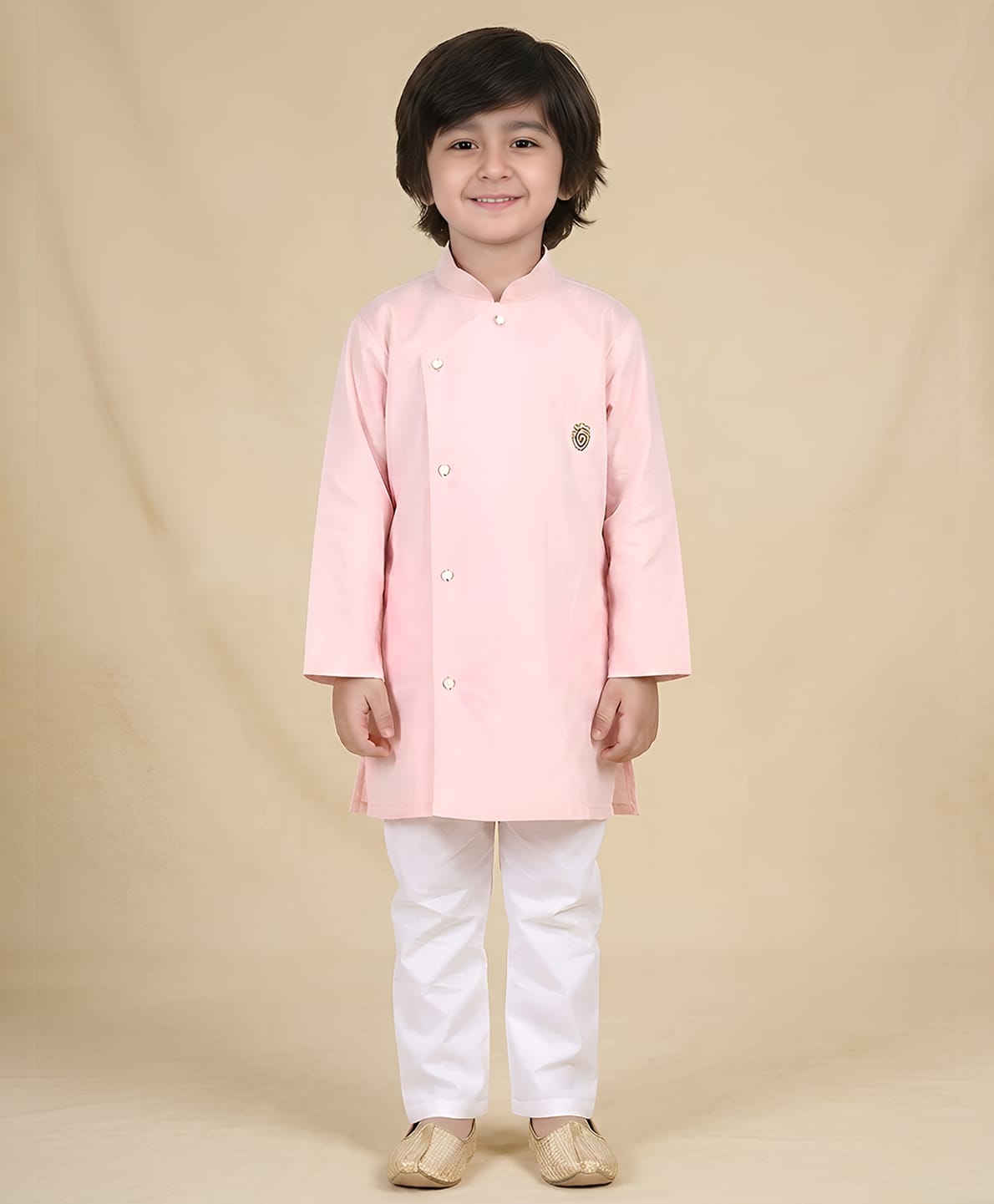 Polka Tots Cotton Woven Full Sleeves Solid Kurta & Pyjama Set - Peach-picture-14