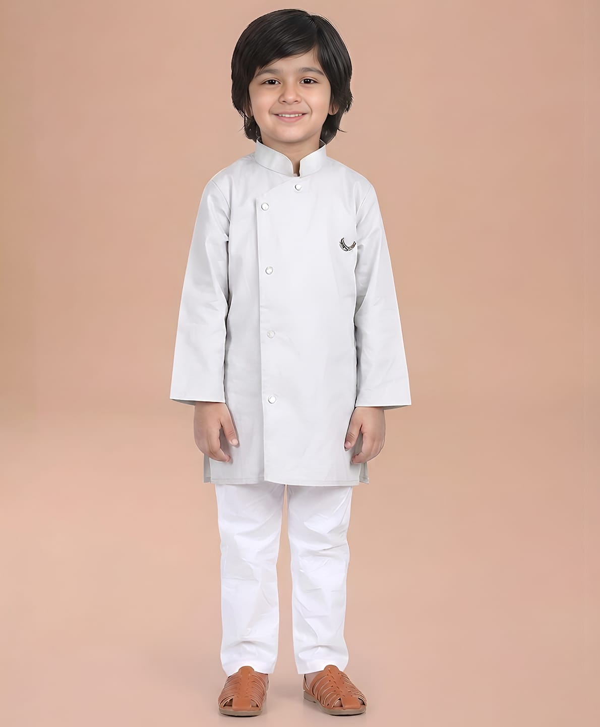 Polka Tots Cotton Woven Full Sleeves Solid Kurta & Pyjama Set - Grey-picture-15