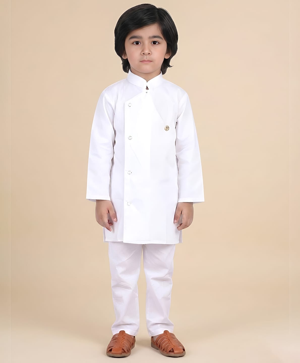 Polka Tots Cotton Woven Full Sleeves Solid Kurta & Pyjama Set - White-picture-17
