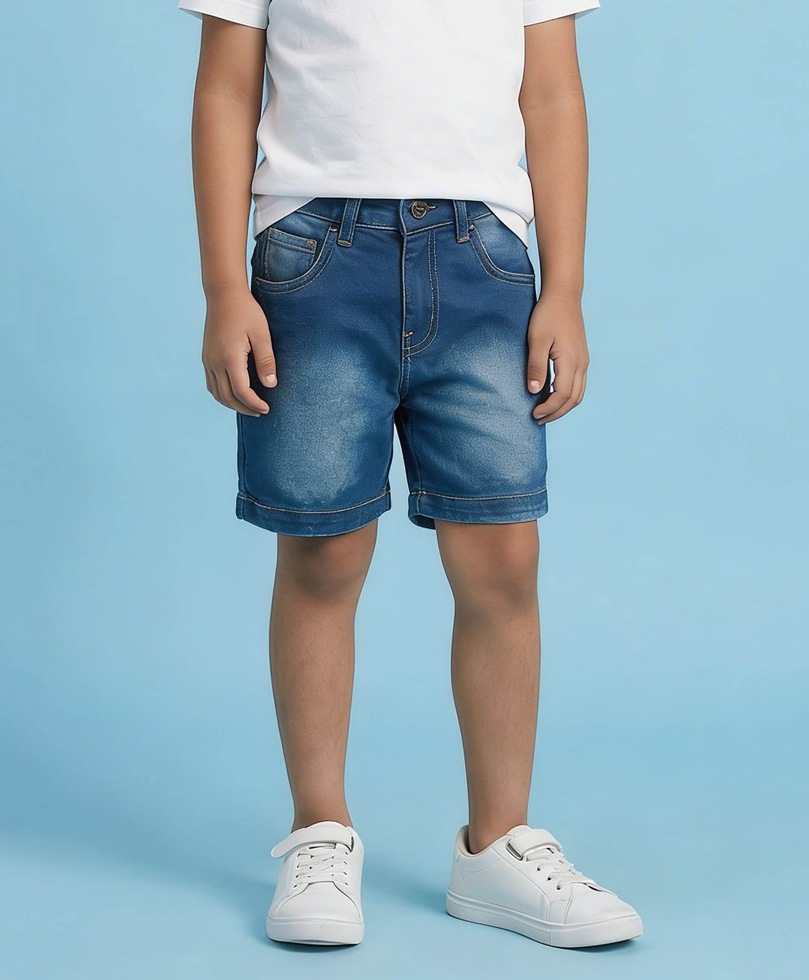 Kiddopanti Denim Woven Mild Washed Shorts - Mid Wash Blue-picture-22