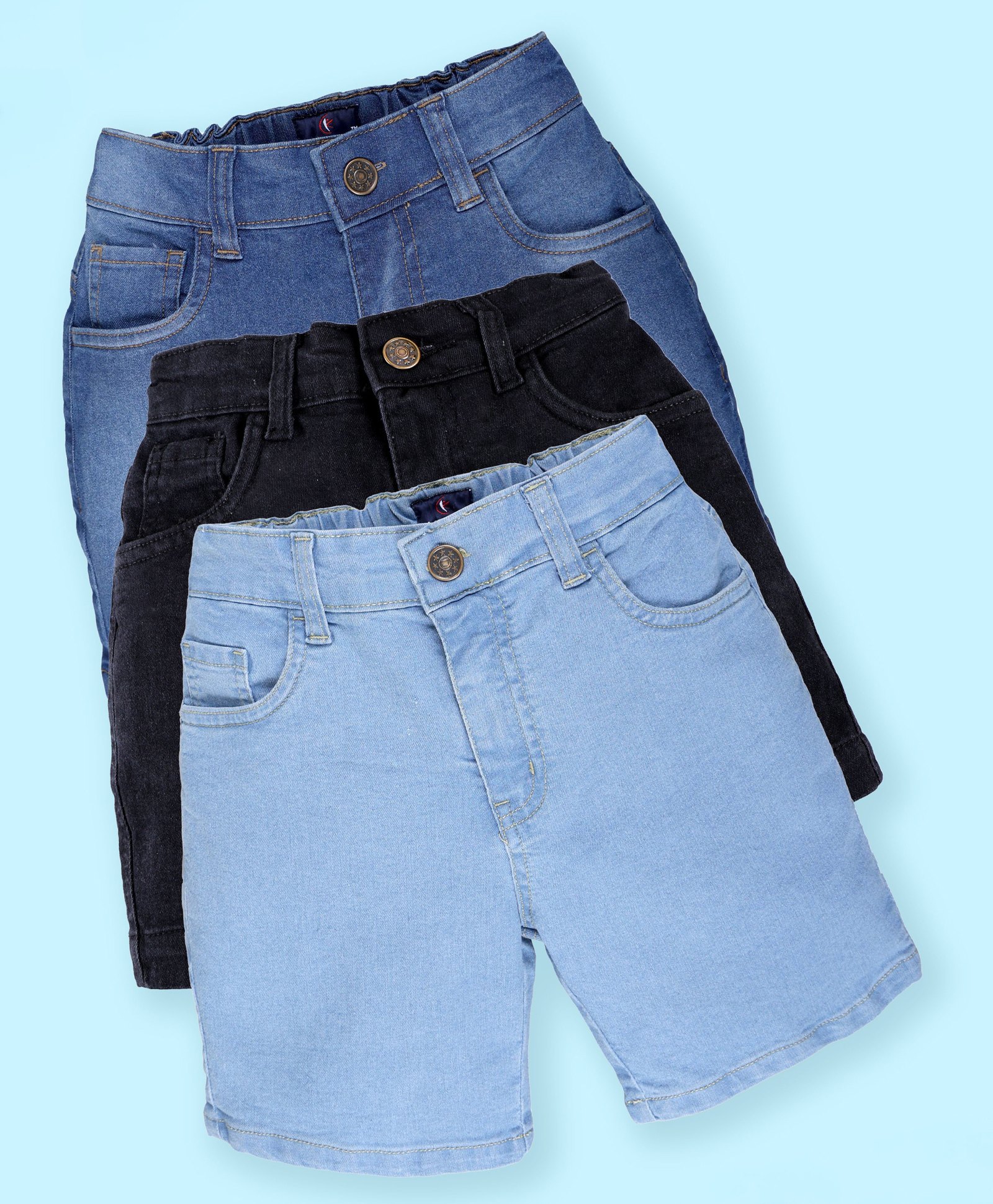 Kiddopanti Denim Woven Pack Of 3 Solid & Mild Washed Shorts - Black Mid Wash Blue & Light Wash Blue-picture-26