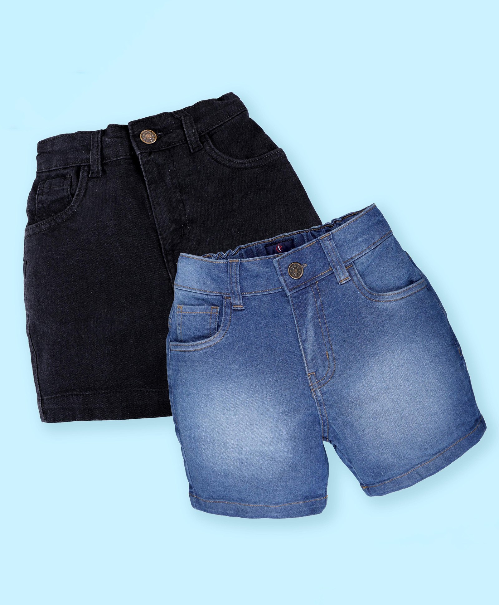 Kiddopanti Denim Woven Pack Of 2 Solid & Mild Washed Shorts - Black & Mid Wash Blue-picture-29