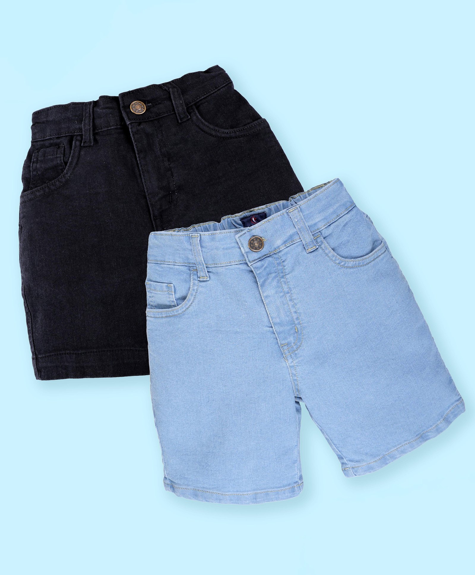 Kiddopanti Denim Woven Pack Of 2 Solid Shorts - Black & Light Wash Blue-picture-21