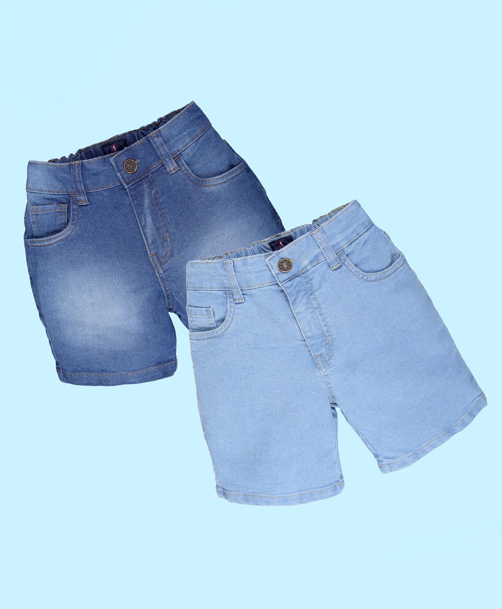 Kiddopanti Denim Woven Pack Of 2 Solid & Mild Washed Shorts - Mid Wash Blue & Light Wash Blue-picture-24