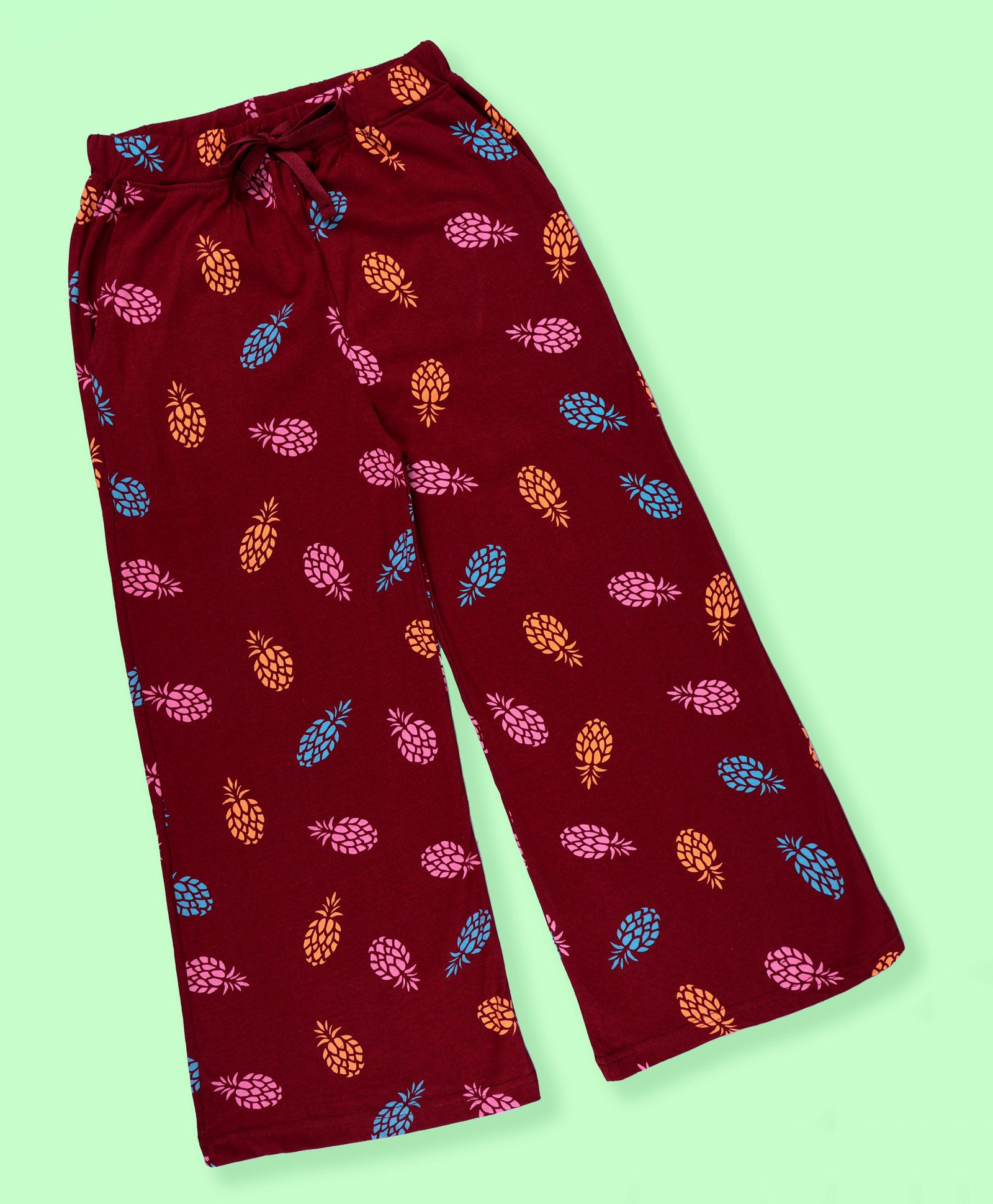Kiddopanti Cotton Knit Pineapples Printed Flared Pajama - Maroon-image-13