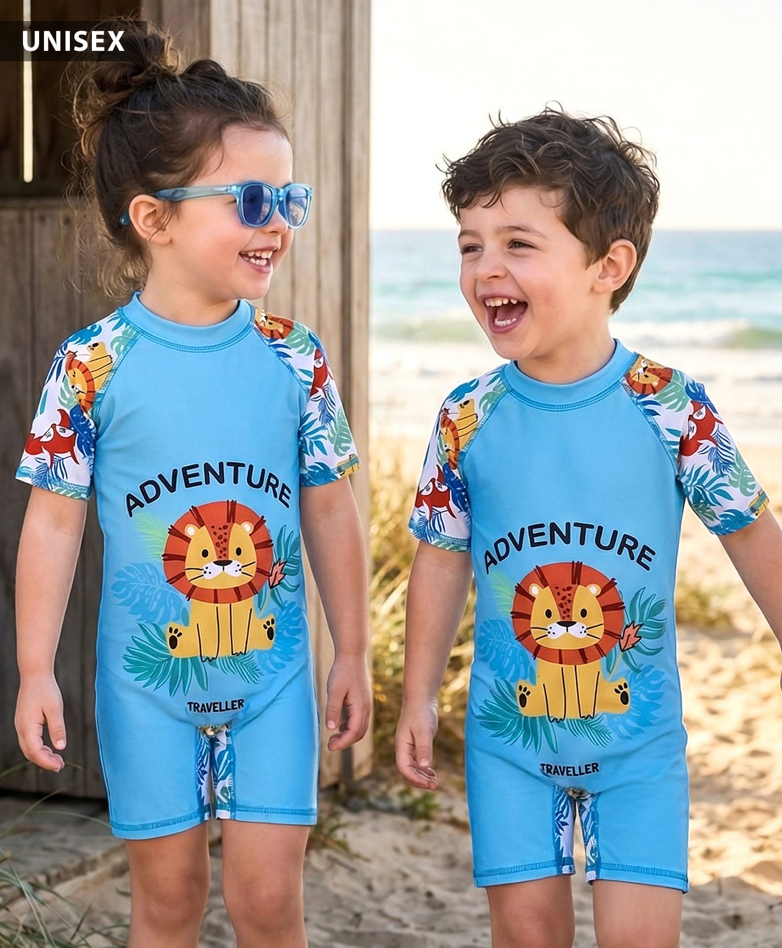 ROVARS Half Raglan Sleeves Legged Swimsuit with Jungle Theme Print - Blue-image-25