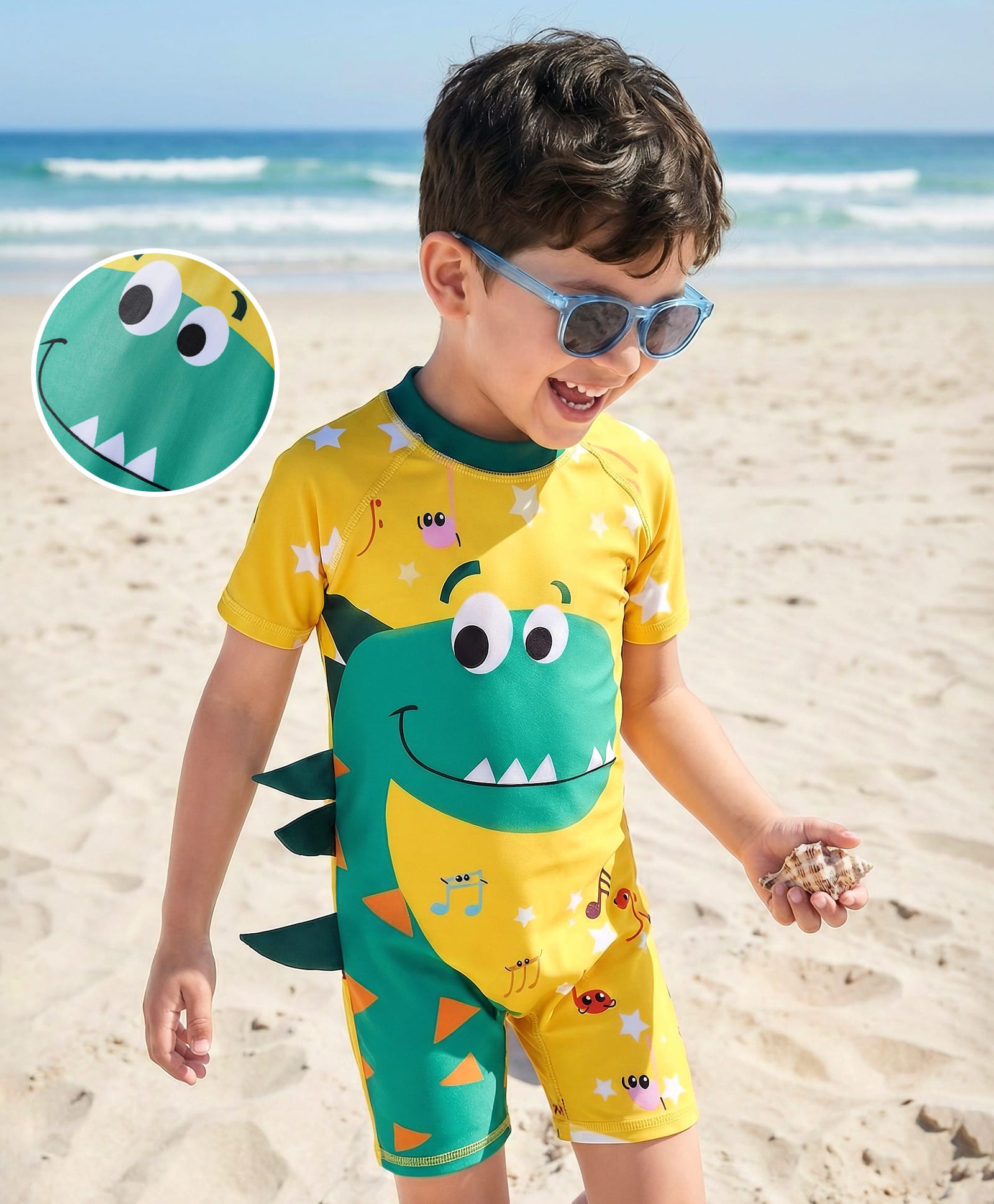 ROVARS Half Raglan Sleeves Legged Swimsuit with Dino Print & Applique - Yellow-picture-19