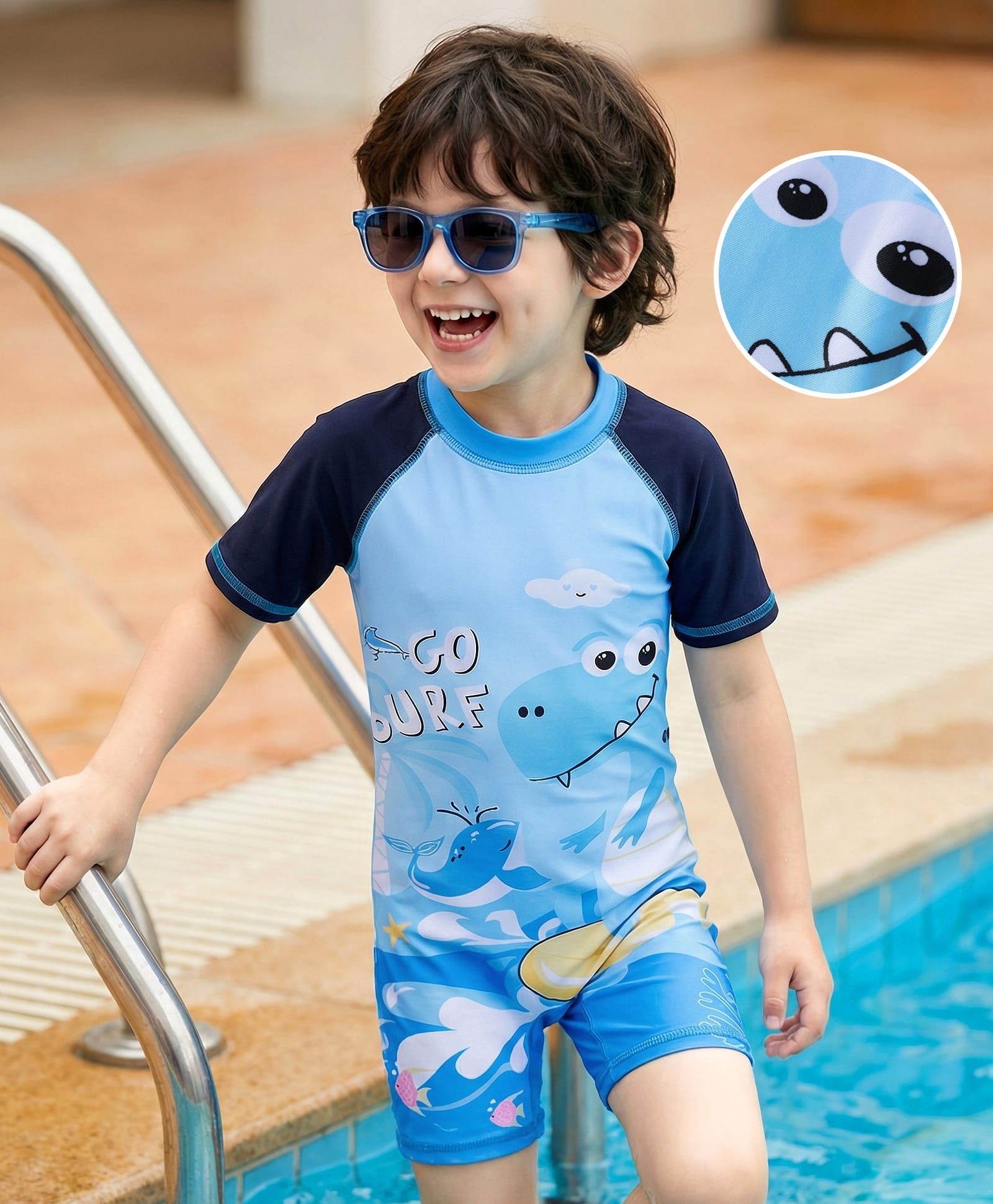 ROVARS Half Raglan Sleeves Legged Swimsuit with Sea Life Print - Navy & Light Blue-image-36