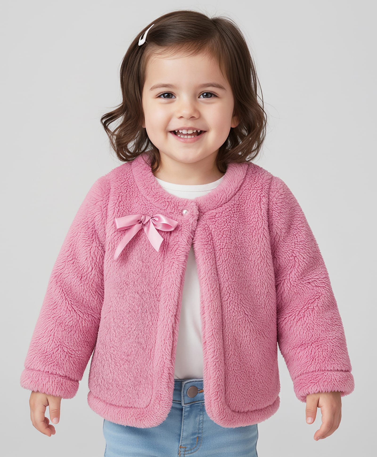 Mark & Mia Full Sleeves Solid Fur Winter Jacket With Bow Applique - Pink-picture-25