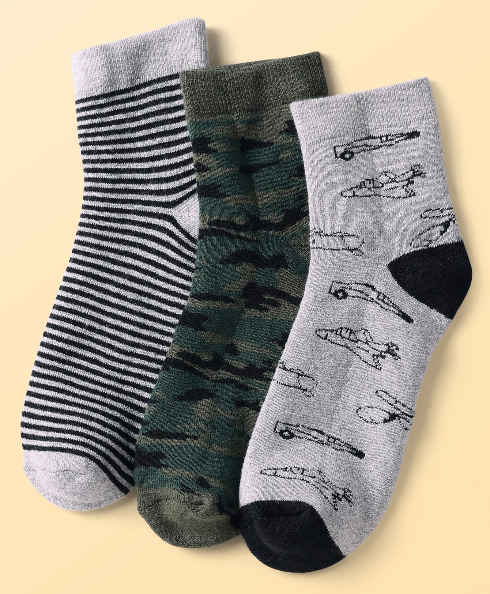 Pine Kids Knit Ankle Length Silvadur Antimicrobial Socks with Stripes & Airplane Design Pack of 3 - Color May Vary-image-45
