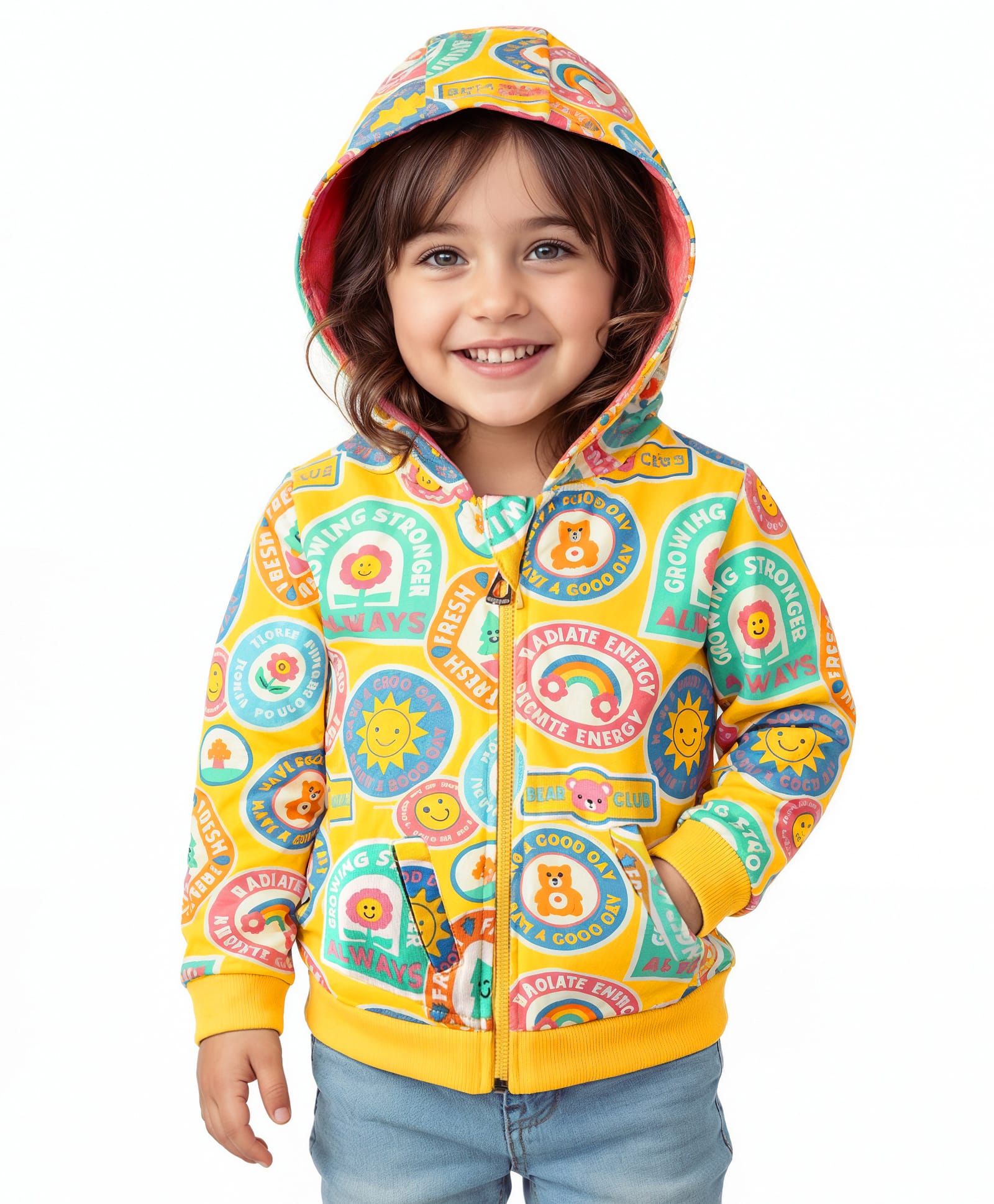 Babyhug Cotton Knit Full Sleeves Hooded Sweatjacket with Text Print & Kangaroo Pocket - Yellow