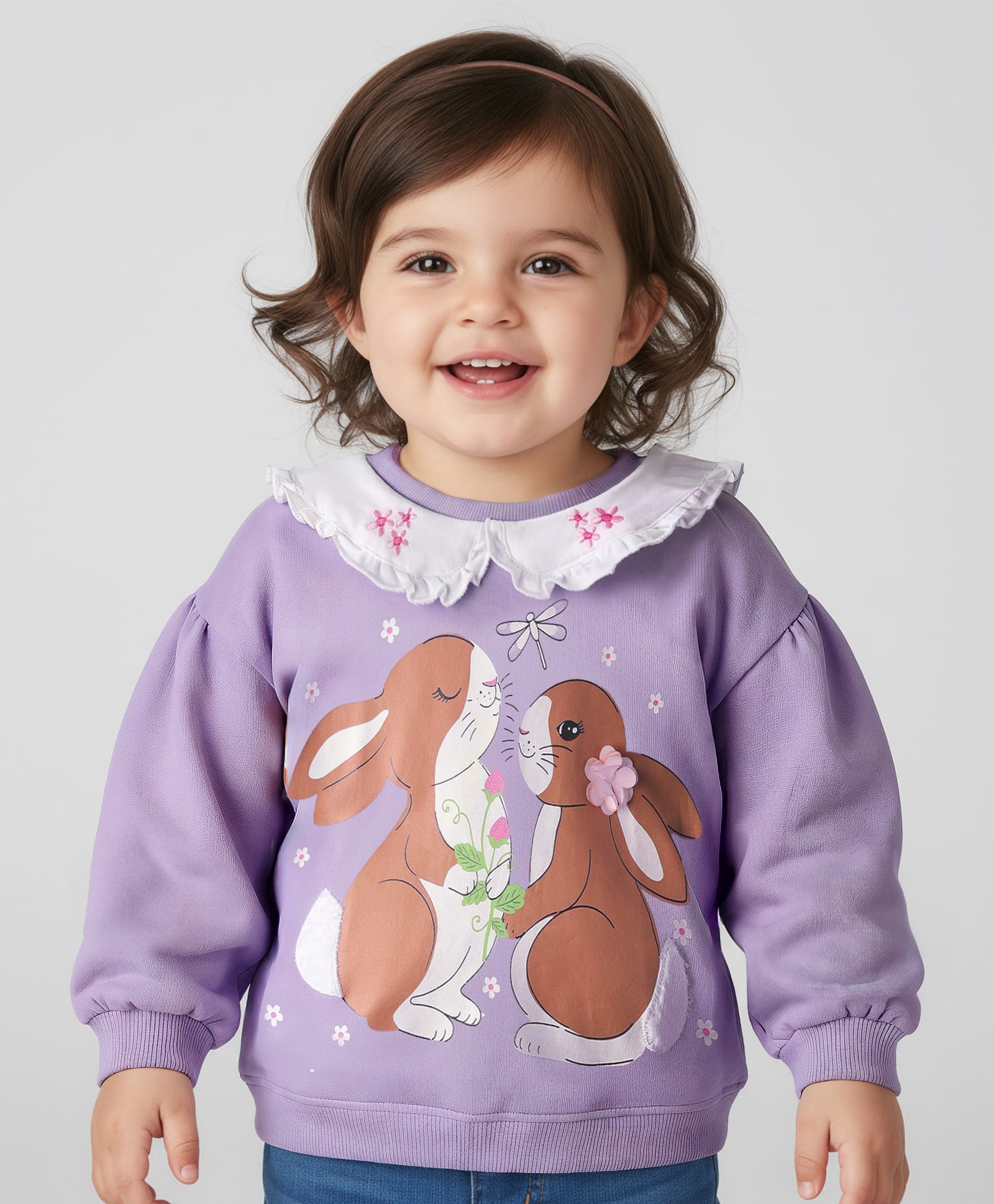 Babyhug Cotton Knit Full Sleeves Sweatshirt with Bunny Print & Floral Applique - Purple-picture-14