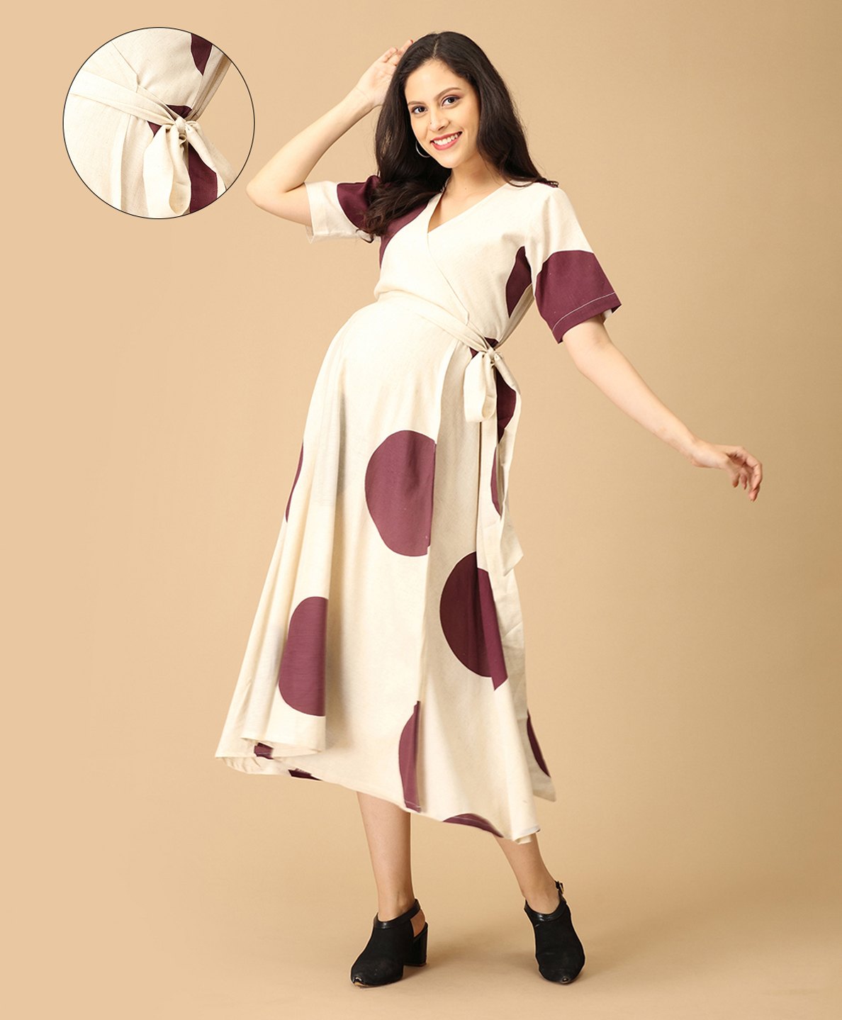The Mom Store Cotton Half Sleeves Polka Dots Printed Maternity Wrap Dress With Nursing Access - Wine-image-10