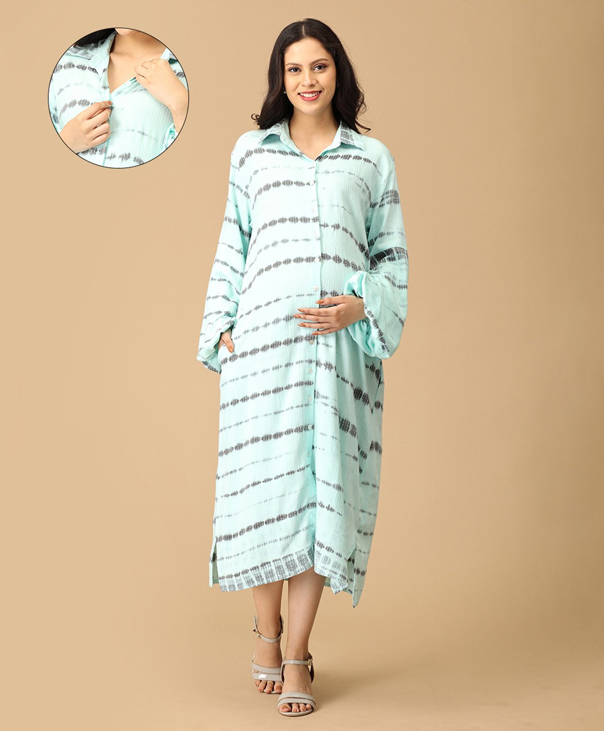 The Mom Store Cotton Full Sleeves Tie & Dye Maternity Oversized Shirt Style Dress With Nursing Access - Aqua Blue