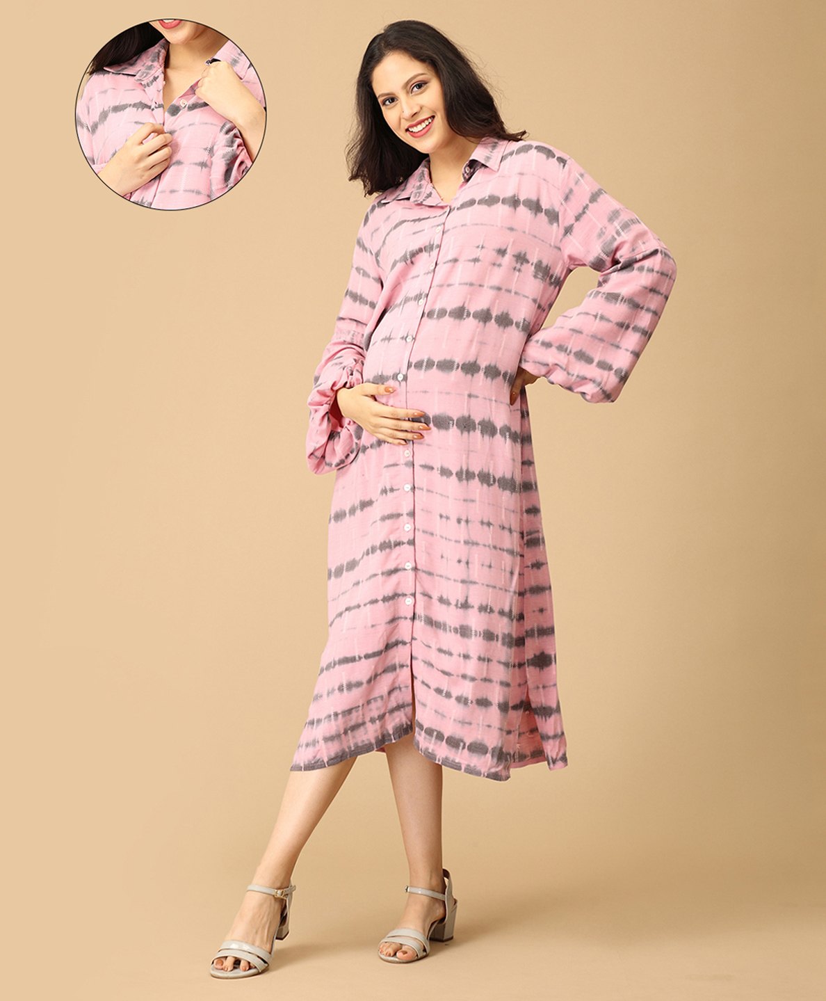 The Mom Store Cotton Full Sleeves Tie & Dye Maternity Oversized Shirt Style Dress With Nursing Access - Pink-picture-36