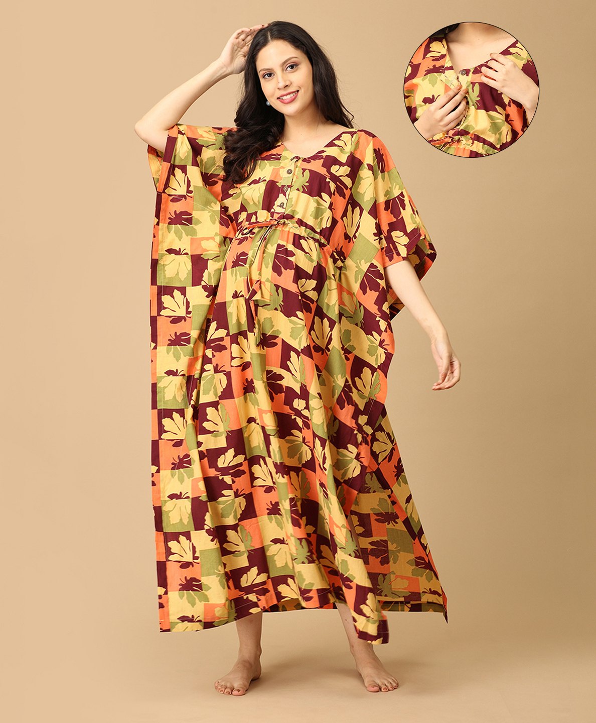 The Mom Store Cotton Half Batwing Sleeves Maple Leaves Printed Maternity Kaftan Nighty With Nursing Access - Multi Colour-image-38