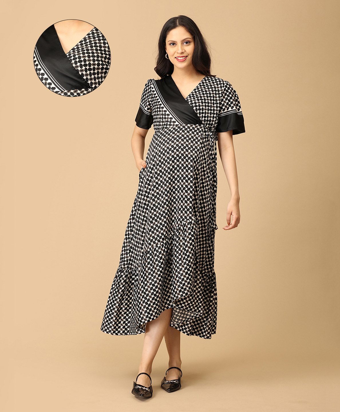 The Mom Store Cotton Half Sleeves Abstract Printed Tiered Maternity Dress With Nursing Access - Black-image-16
