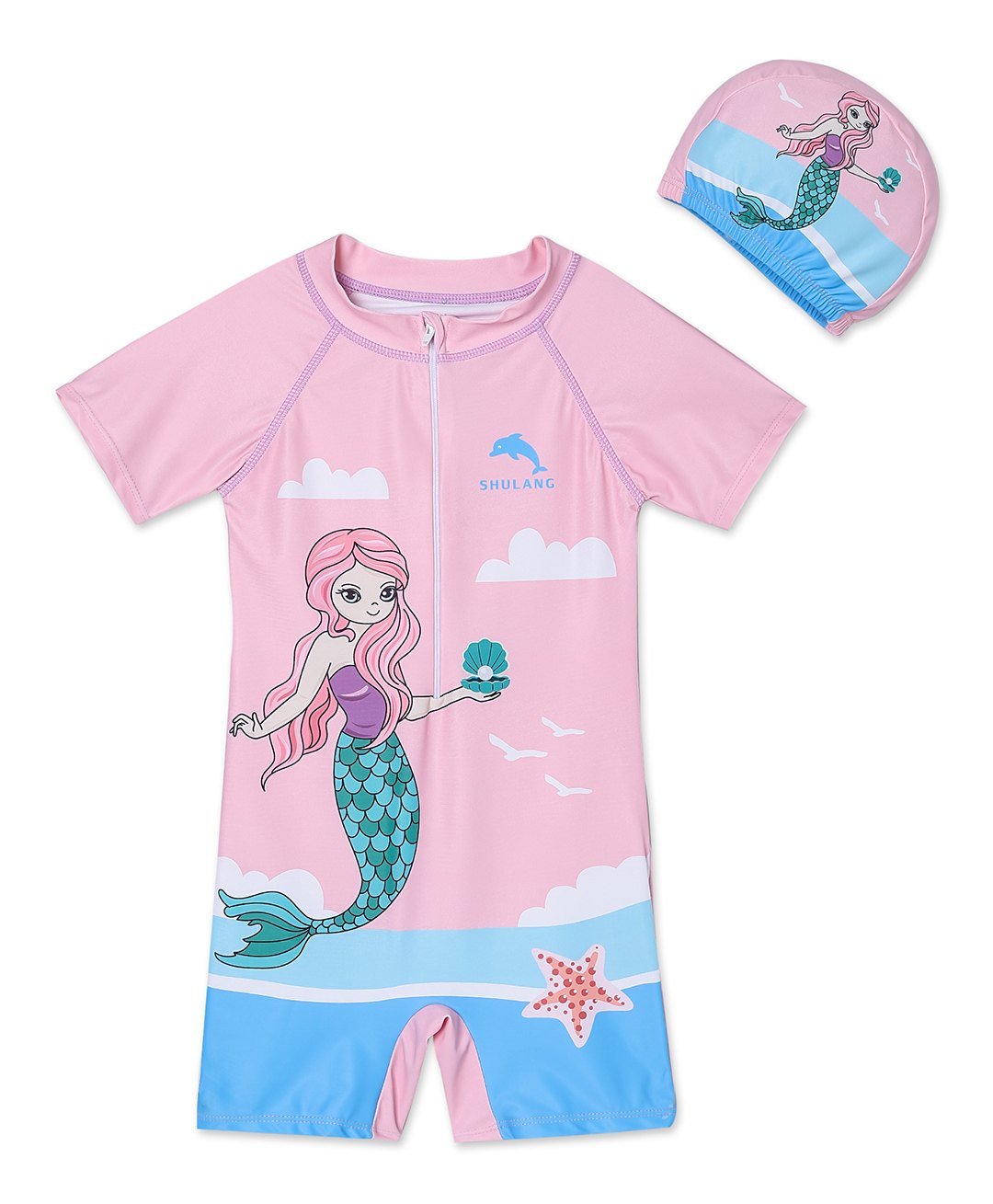 The Mom Store Half Sleeves Tiny Mermaid Printed Swimsuit With Cap - Multi Colour-picture-22