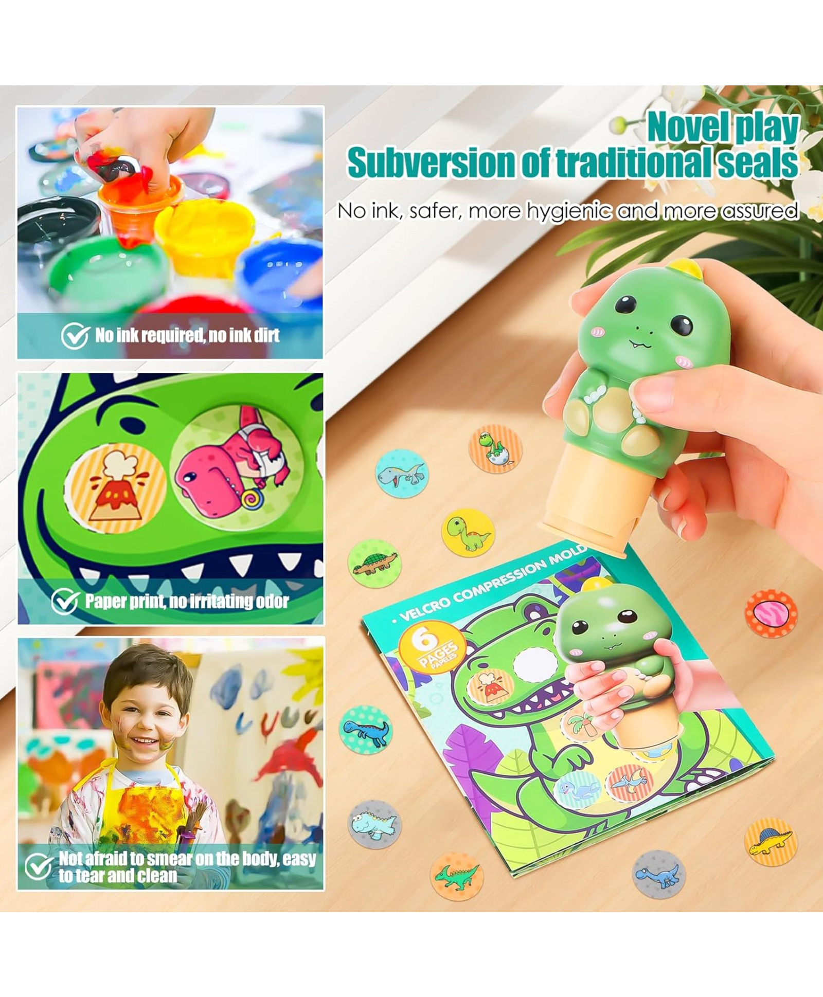 YAMAMA Dinosaur Reusable Stamp Velcro Compression Mold With Magic Seal, Small Picture Book And Sticker Stamper Activity Kit for Kids - Multicolor-image-30