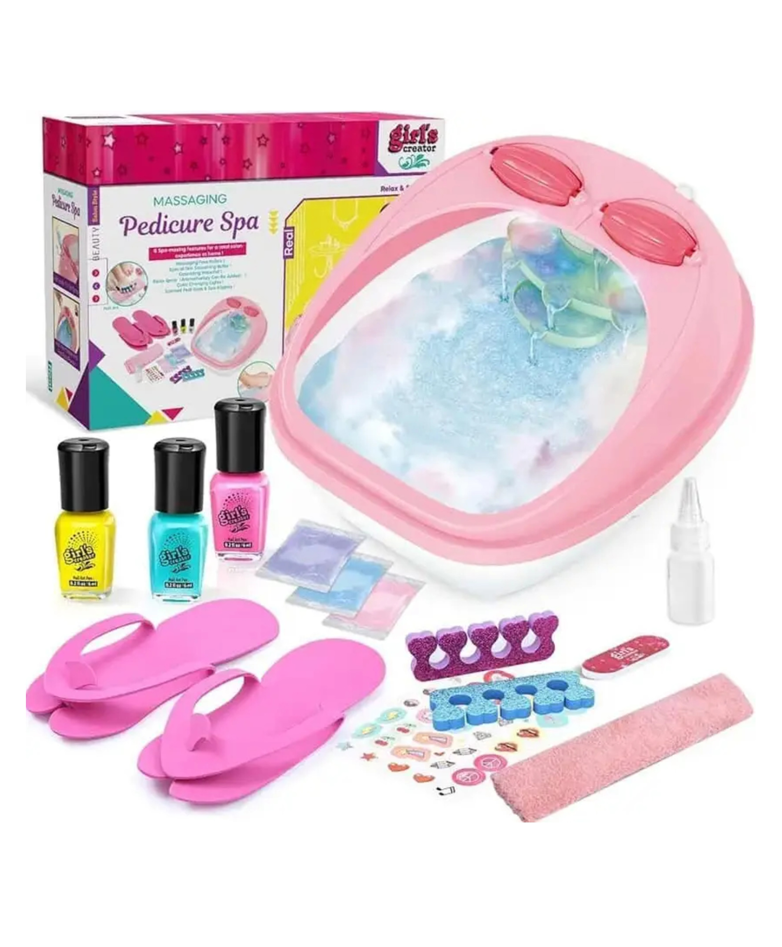 YAMAMA Kids Pedicure Spa Kit for Girls | Complete Foot Spa Set with Nail Polish, Stickers, Bath Salts, Slippers & More | DIY Nail Art Kit for Kids | Gift for Girls Age 5+ | Multi-color-picture-13