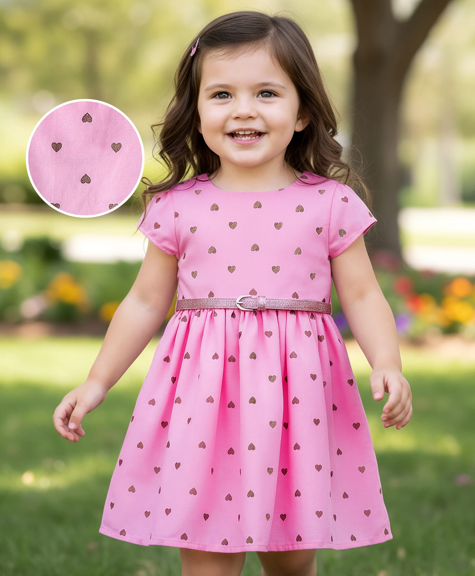 Babyhug 100% Cotton Half Sleeves Frock With Belt & Hearts Print - Pink-image-32
