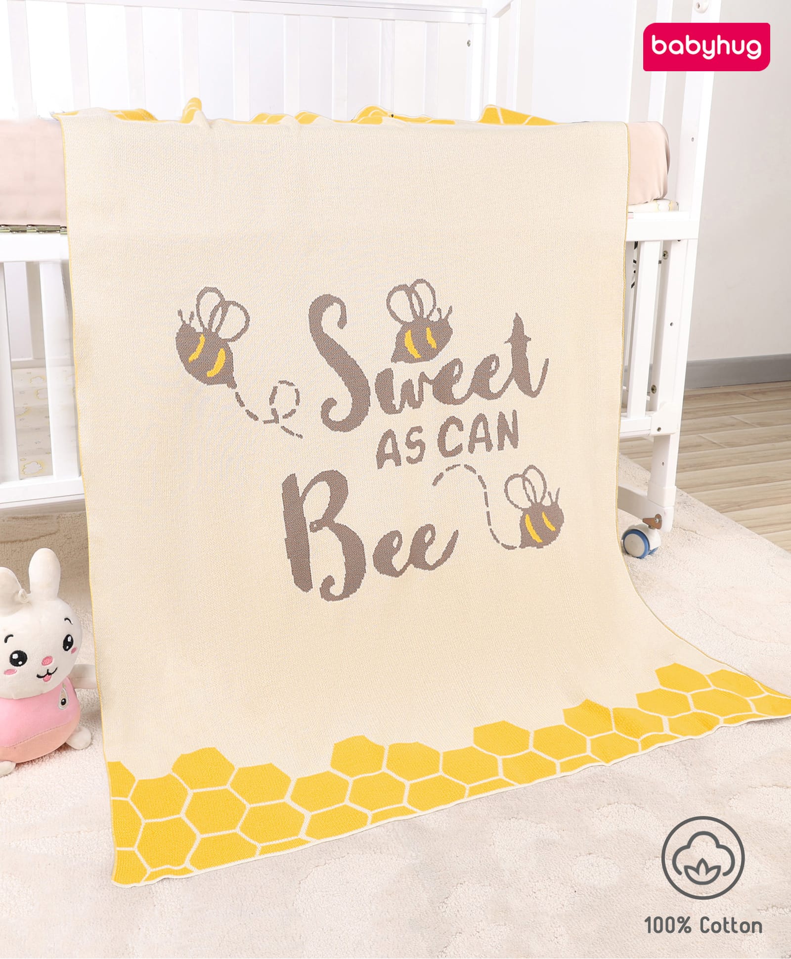 Babyhug Premium Cotton Jacquard Knit Blanket Sweet HoneyBee Print | New Born| Toddler Blanket| Baby Skin Friendly| Super Soft Material| Machine Washable| Breathable Warm and Cozy - Yellow-image-49