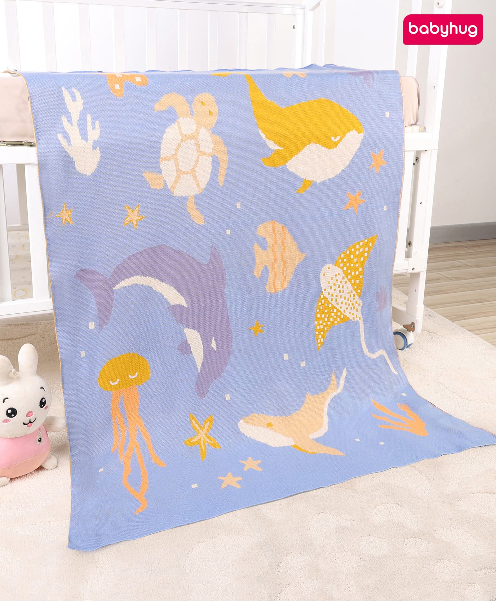 Babyhug Premium Cotton Jacquard Knit Blanket Dolphin Print - Sky Blue| New Born| Toddler Blanket| Baby Skin Friendly| Super Soft Material| Machine Washable| Breathable Warm and Cozy| Boys and Girls-image-46