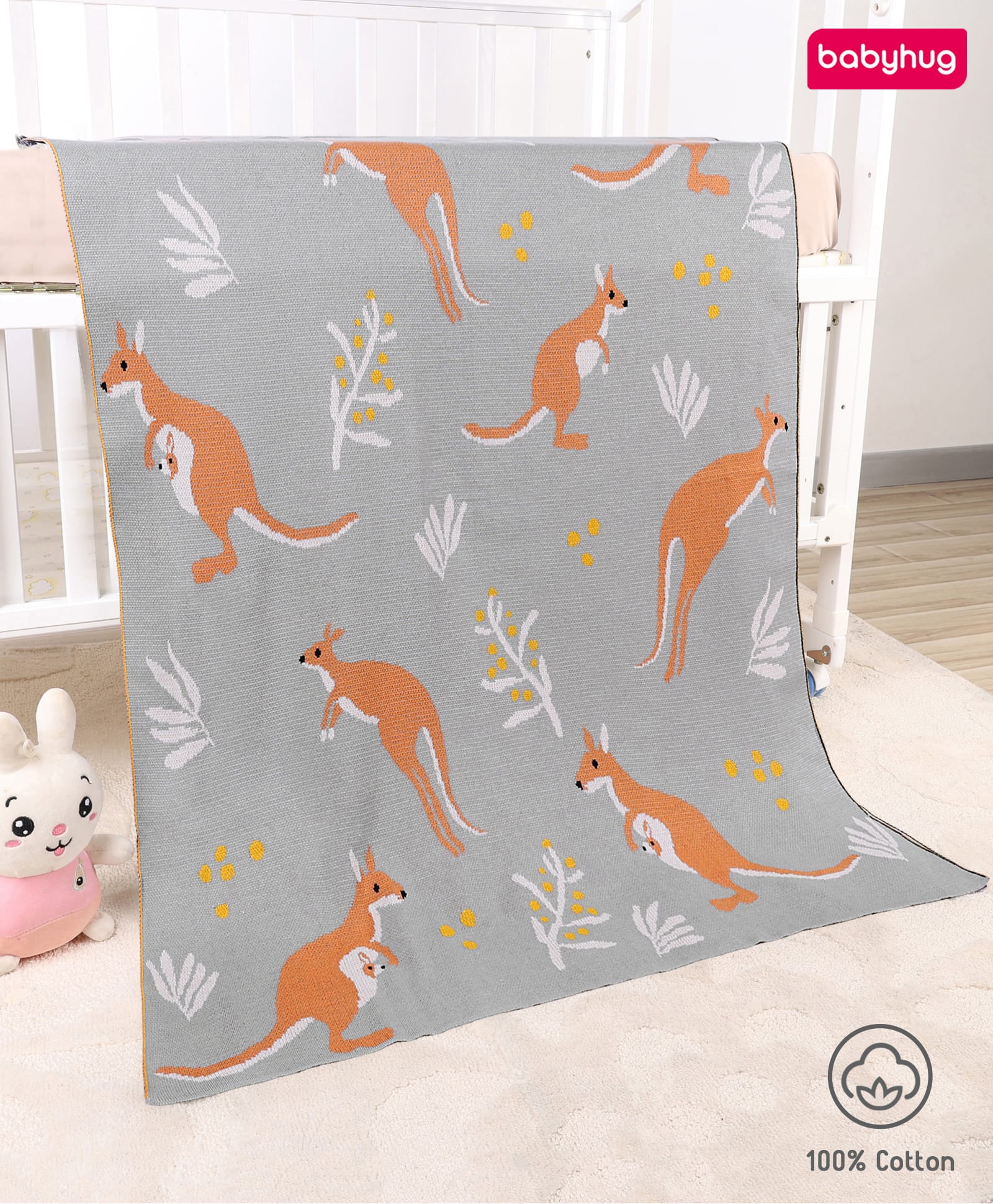 Babyhug Premium Cotton Jacquard Knit Blanket Kangaroo Print - Teal| New Born| Toddler Blanket| Baby Skin Friendly| Super Soft Material| Machine Washable| Breathable Warm and Cozy| Boys and Girls-image-47