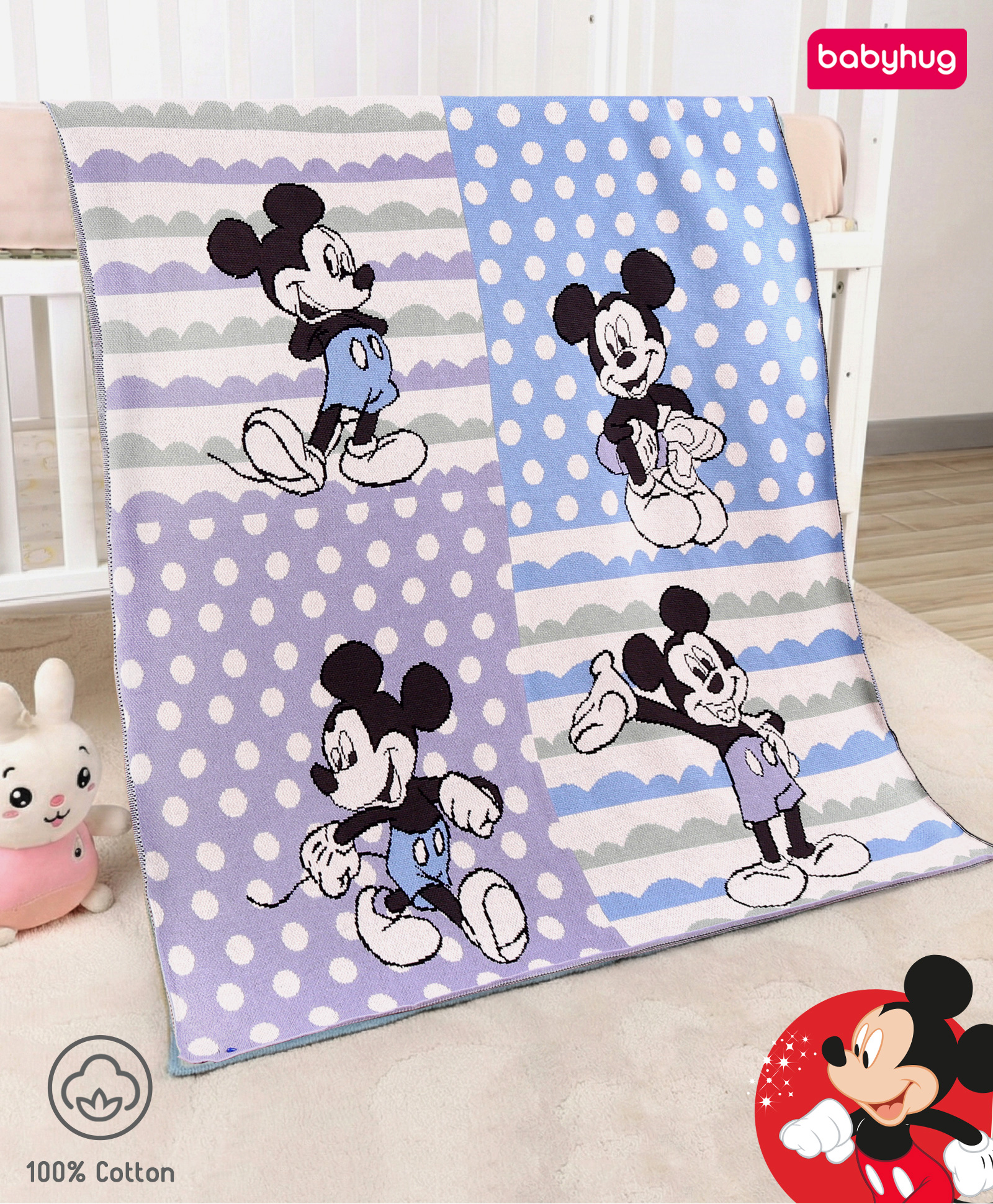 Babyhug Disney Mickey Mouse Premium Cotton Jacquard Knit Blanket - Lilac| New Born| Toddler Blanket| Baby Skin Friendly| Super Soft Material| Machine Washable| Breathable Warm and Cozy| Boys and Girls-image-19