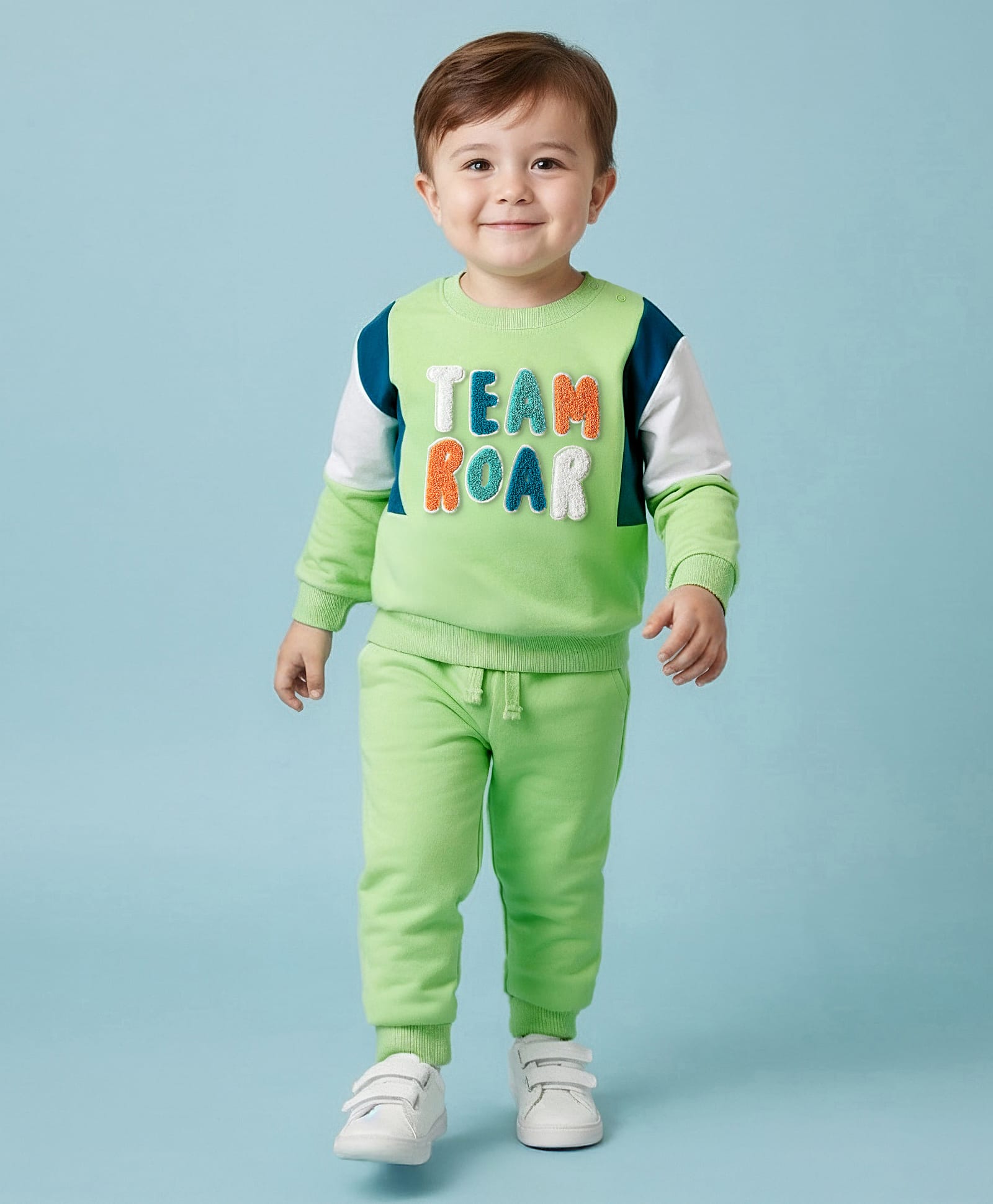 Babyoye Knit Full Sleeves Cut & Sew Winter Wear Fleece Sweatshirt & Lounge Pant Set with Text Embroidery - Light Green-image-4