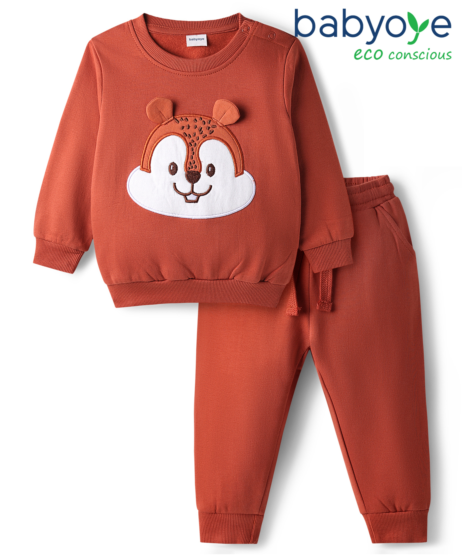 Babyoye Terry Knit Full Sleeves Winter Wear Sweatshirt & Lounge Pant Set with Bear Patch Detailing - Dark Red-picture-18