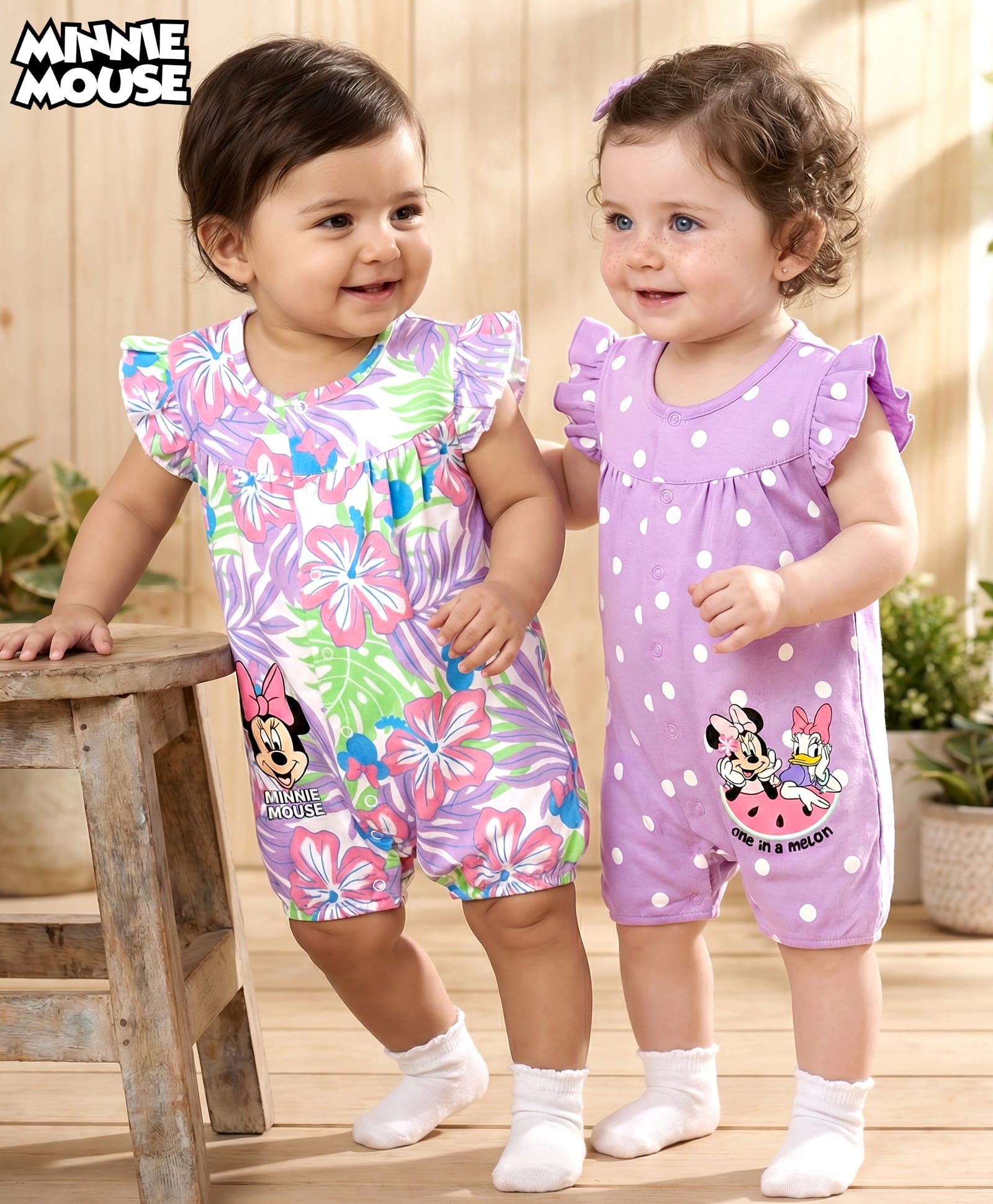 Babyhug Disney Interlock Knit Half Sleeves Rompers with Polka Dot Design Floral Print & Minnie Mouse Graphics Pack of 2 - Lilac-image-7