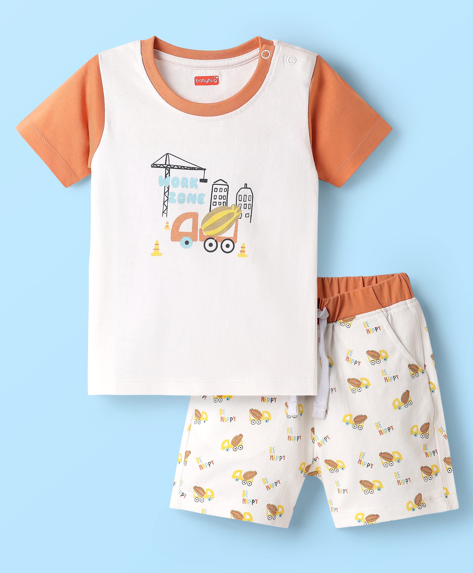 Babyhug Single Jersey Knit Half Sleeves T-Shirt & Shorts Set with Construction Print - White-picture-20