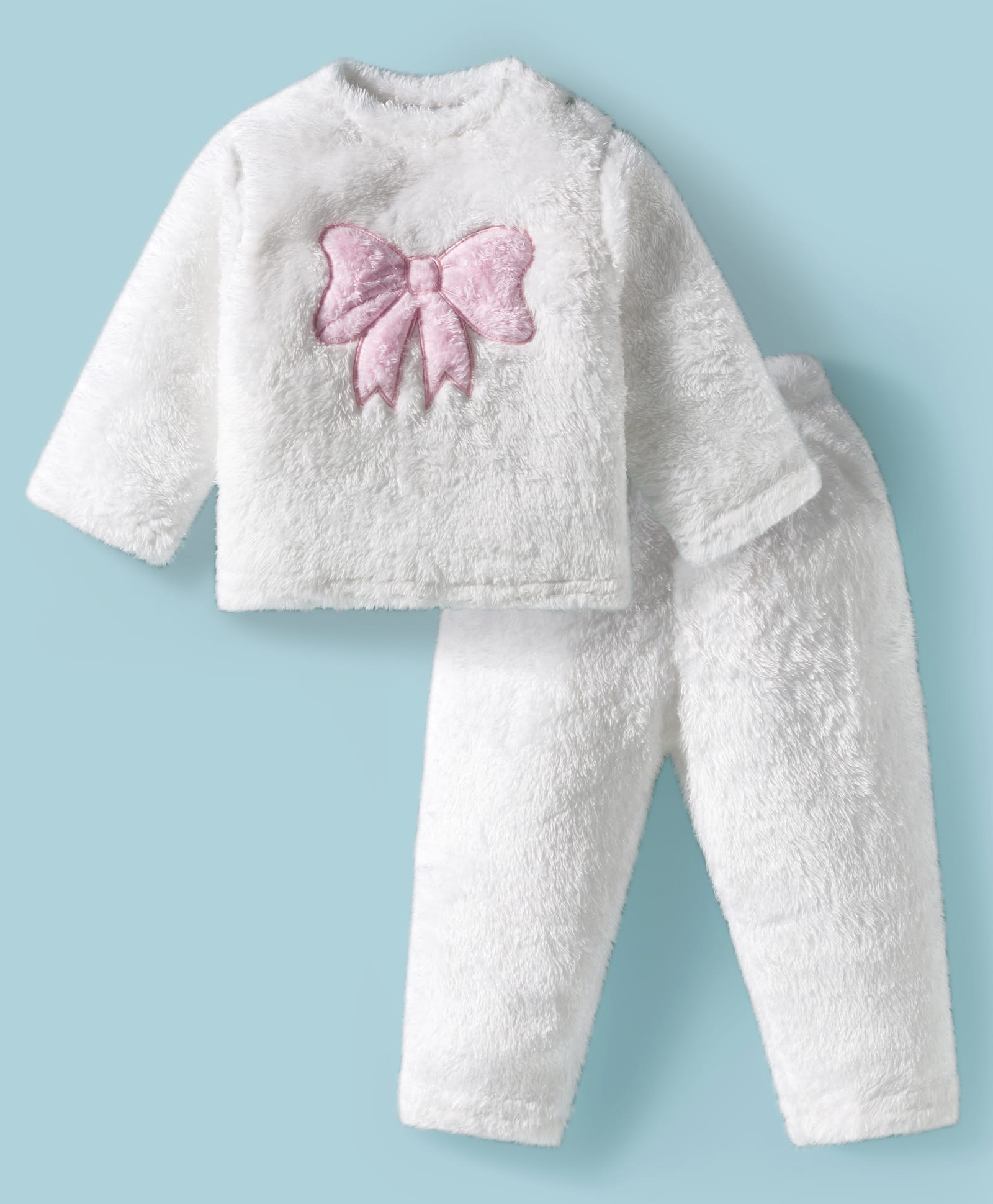 Babyhug Fur Knit Full Sleeves Winter Wear T-Shirt & Lounge Pant Set With Bow Embroidery - White-picture-36