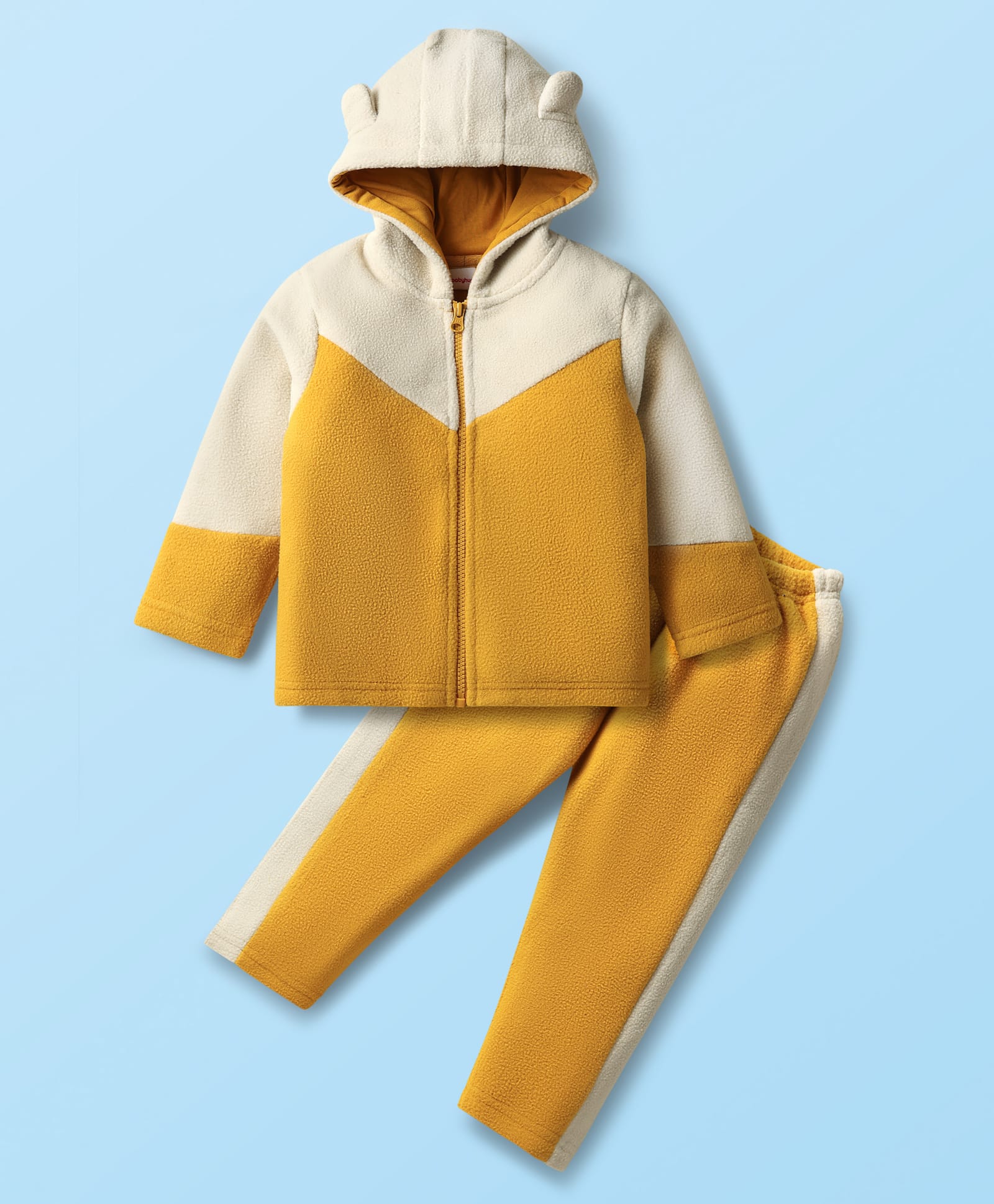 Babyhug Fur Knit Full Sleeves Front Open Hooded Jacket & Pant Winter Wear Suit Set with Cut & Sew Design - Yellow & White-picture-17