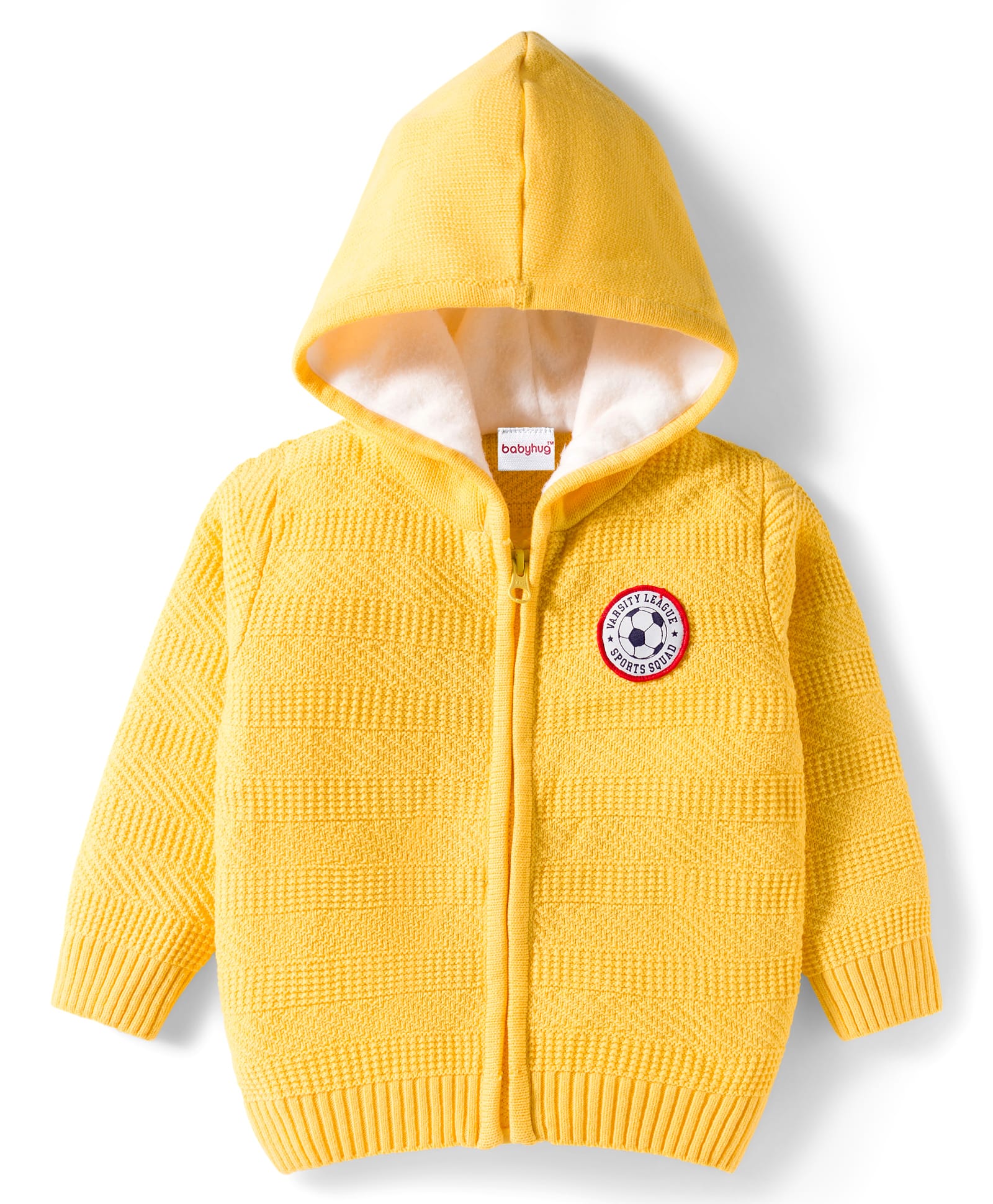 Babyhug Knit Full Sleeves Front Open Hooded Sweater with Football Patch - Yellow-image-3