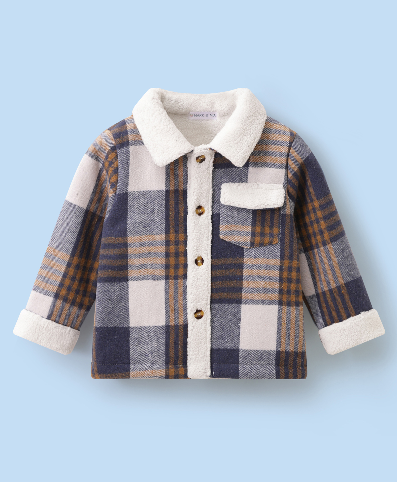 Mark & Mia Full Sleeves Checkered Jacket with Patch Pocket & Fur - Navy Blue-image-15