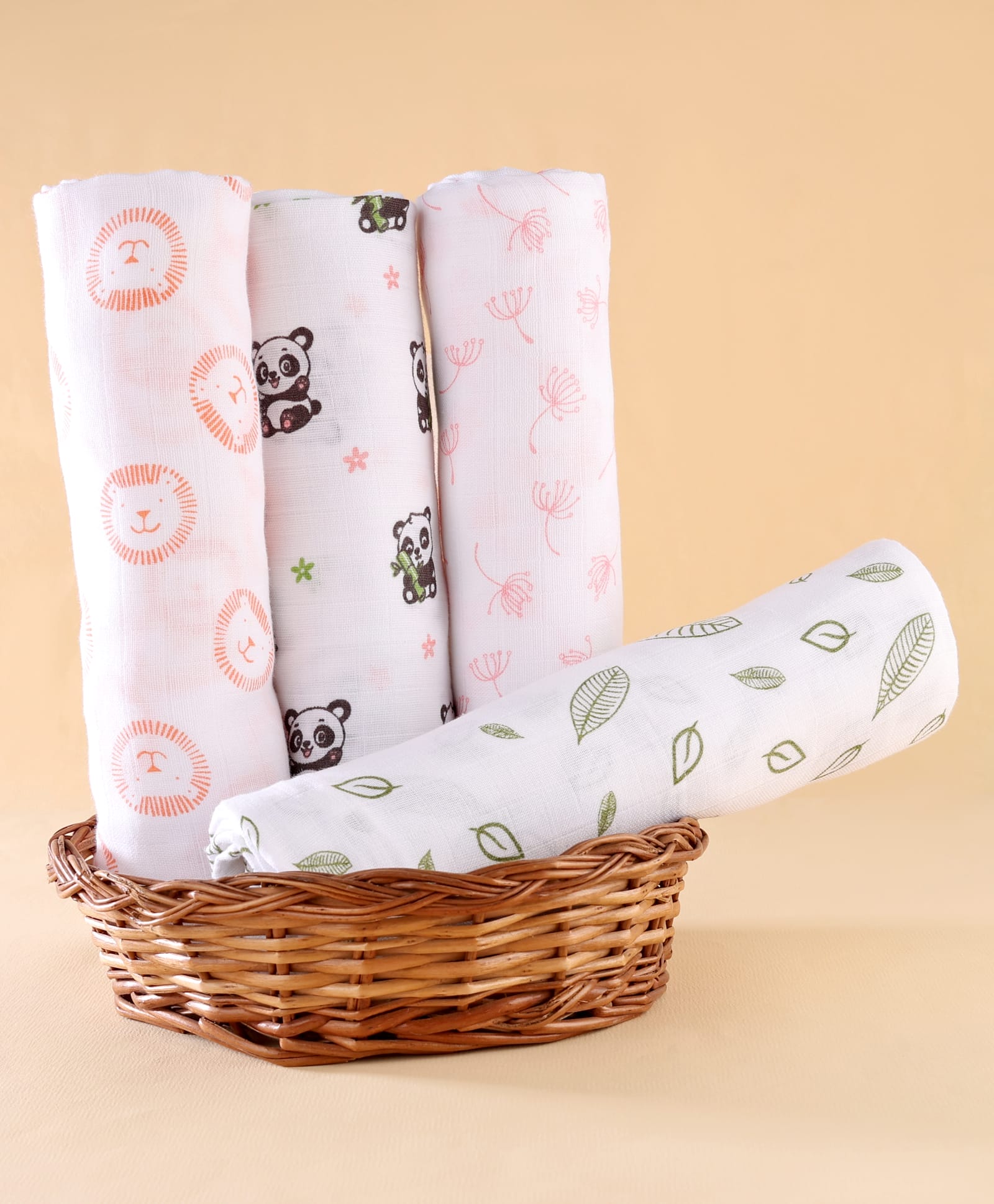 Zoe 100% Cotton Muslin Multipurpose Swaddle Wrap Nature Buddies Print|Soft Breathable Fabric| Comfortable Warm and Soothing|Travel Friendly| New Born Gifting Pack of 4 - White Black & Peach-image-14