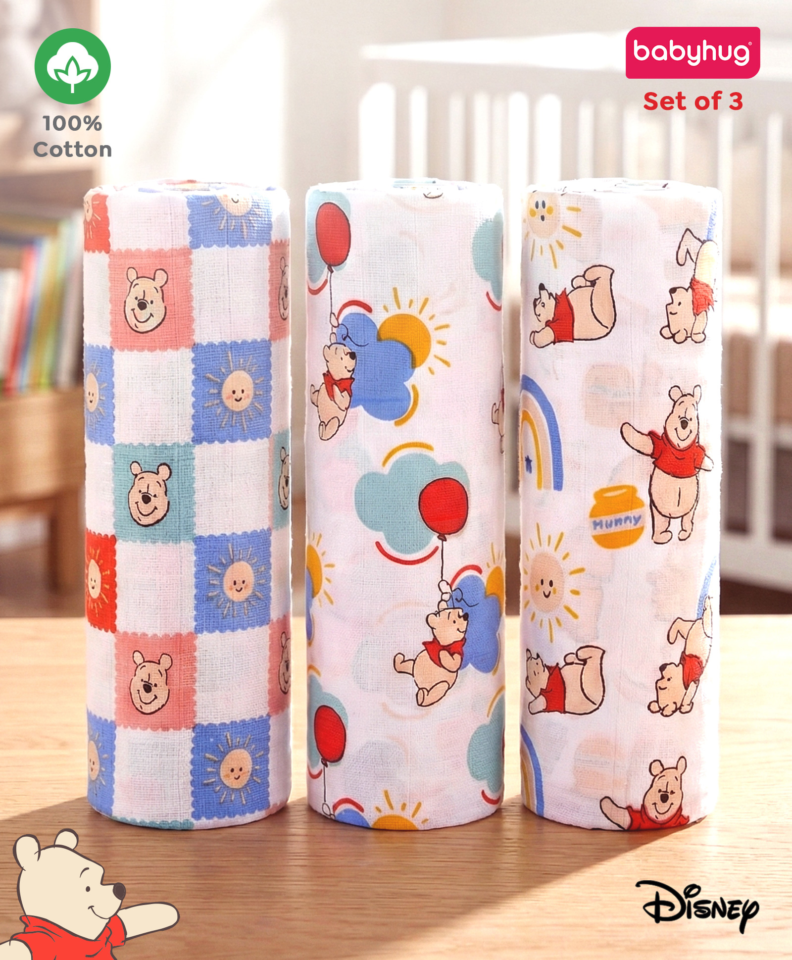 Babyhug Disney 100% Cotton Muslin Multipurpose Swaddle Wrap Winnie The Pooh Print| Breathable Hypoallergenic Fabric| Nursing Cover Stroller Cover Burp Cloth Pack of 3 - Multicolor-image-26