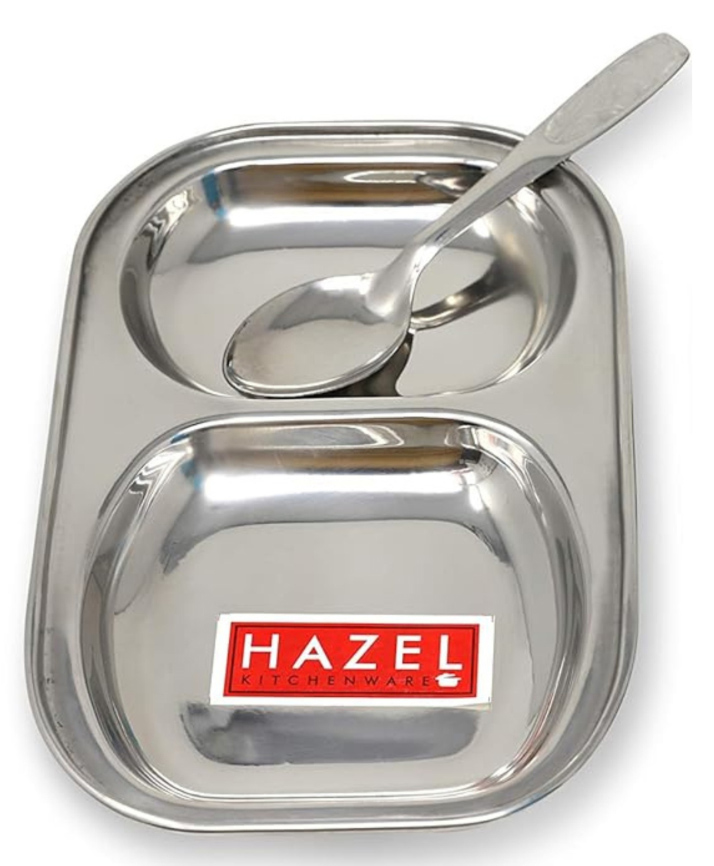 HAZEL Stainless Steel Rectangle Dinner Plate with 2 Sections Divided Mess Trays With Spoon-picture-37
