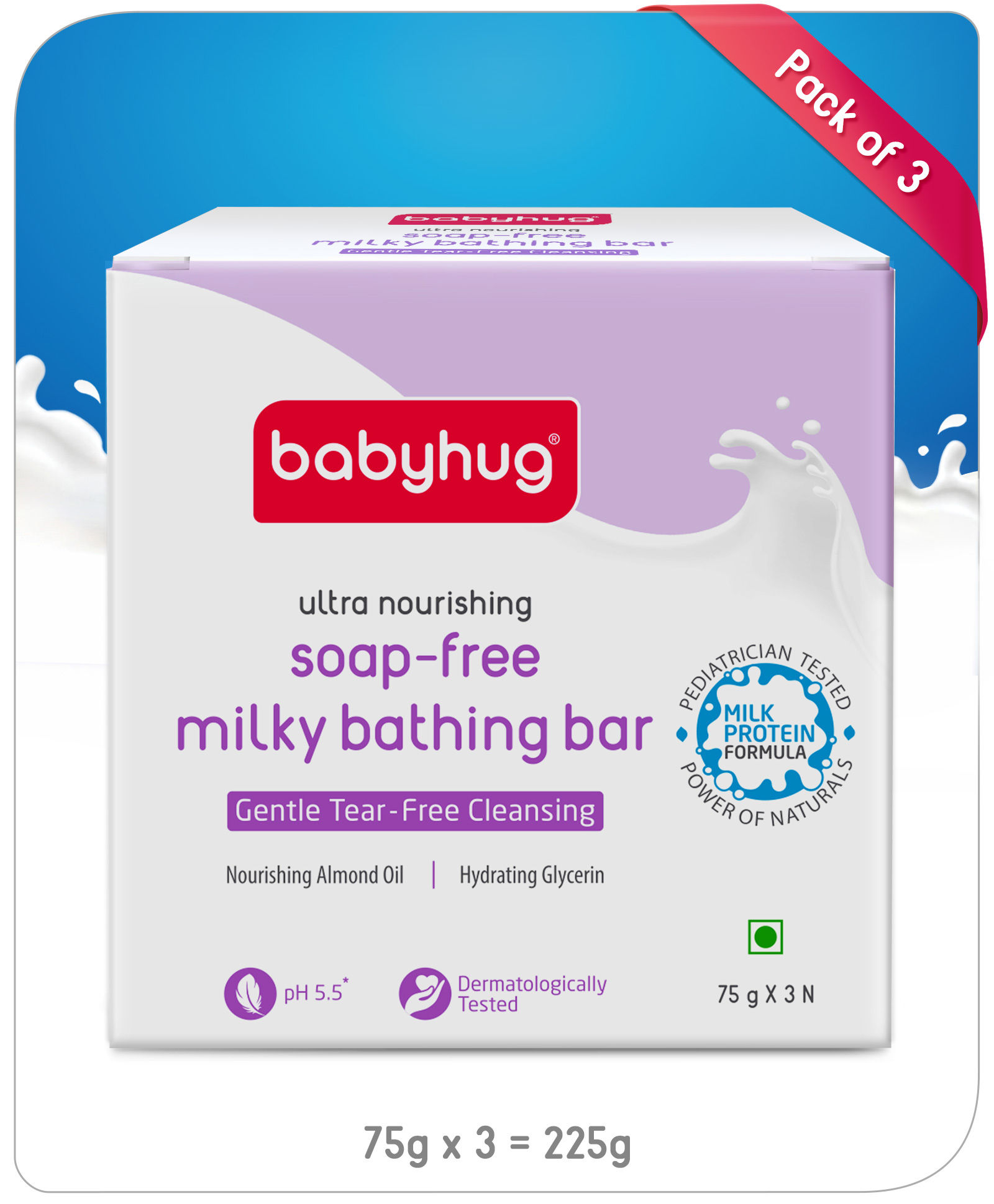 Babyhug pH 5.5 Ultra Nourishing Soap-Free Milky Bathing Bar Pack of 3 - 75 g Each