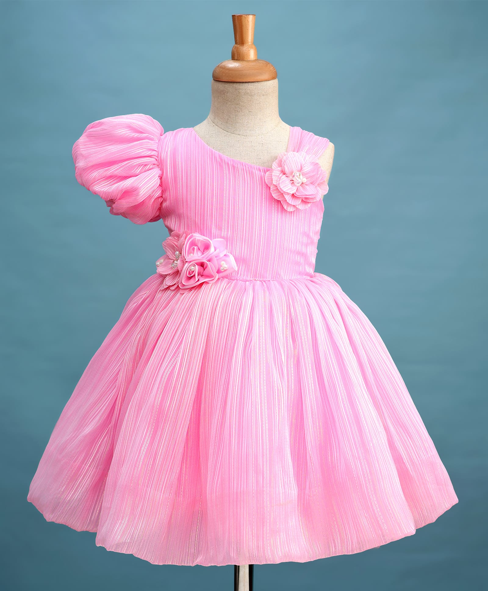 Bluebell Woven Half Sleeves Solid Coloured Tissue Frock With Floral Corsage - Pink-image-44