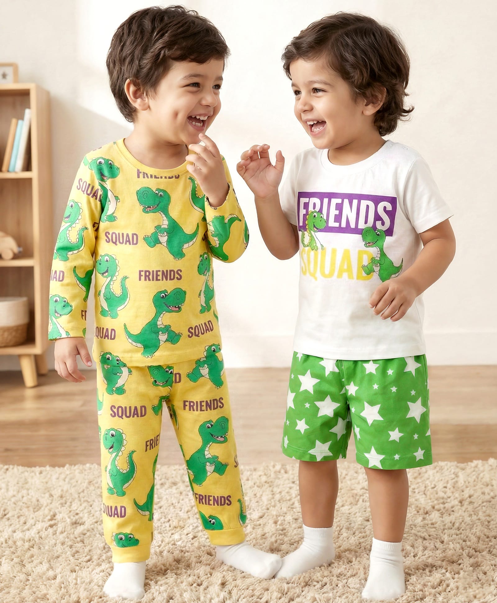 Babyhug Cotton Knit Half Sleeves Shorts & Full Sleeves Co-ord Night Suits with Dino Print - Yellow Green & White-image-48
