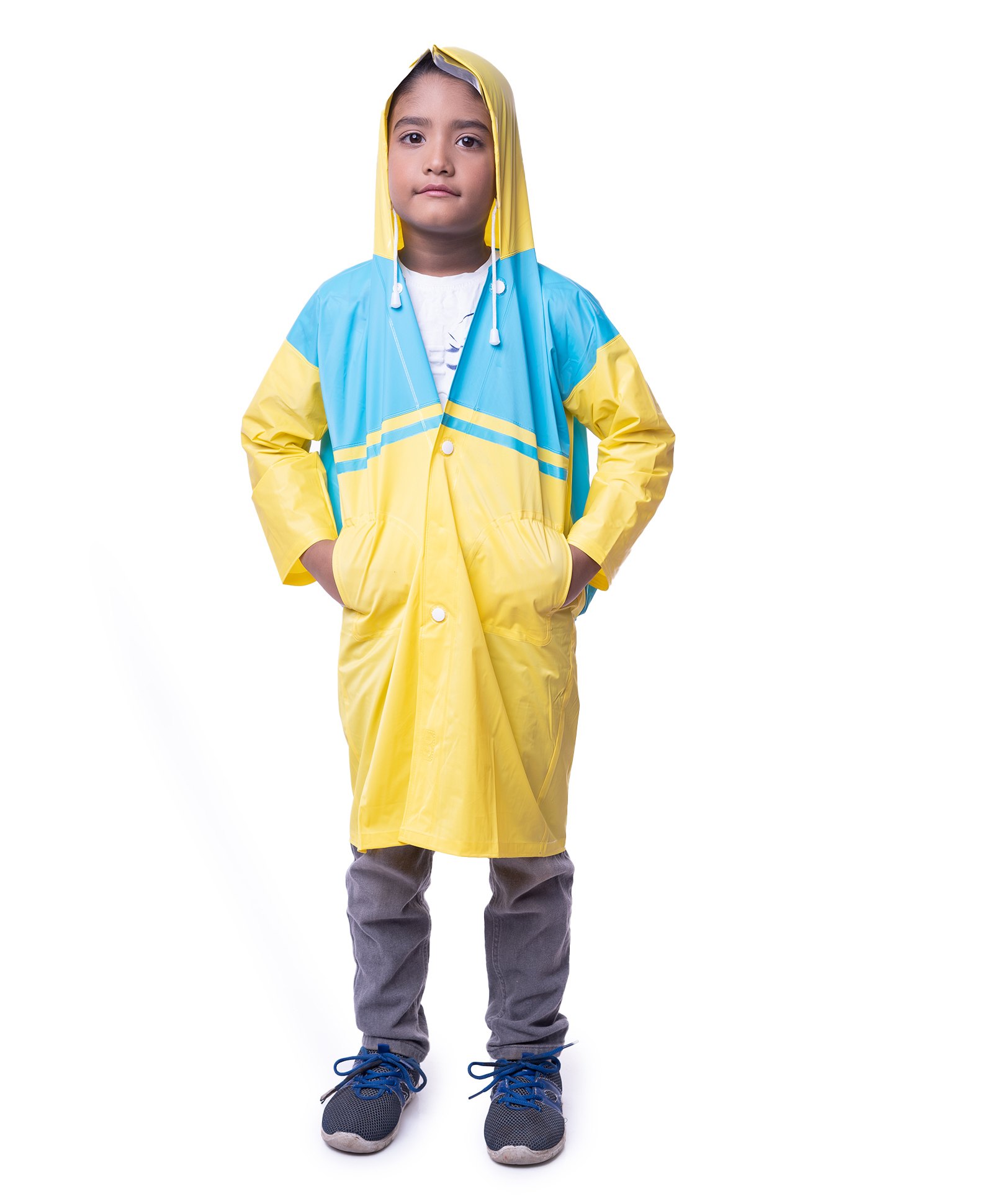 Viva Rainwear PVC Full Sleeves Colour Blocked Hooded Raincoat - Yellow & Blue-image-47