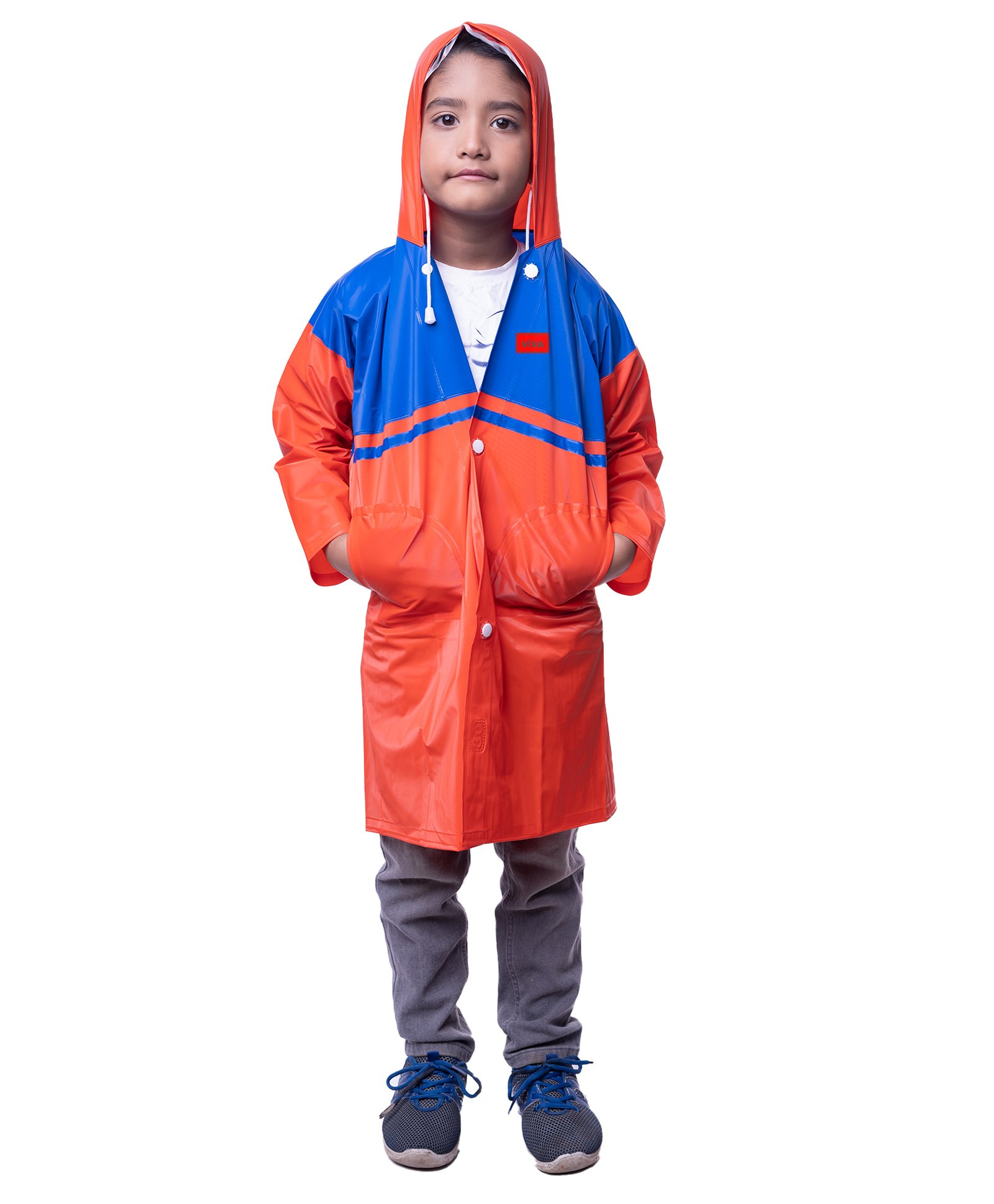 Viva Rainwear PVC Full Sleeves Colour Blocked Hooded Raincoat - Red & Blue