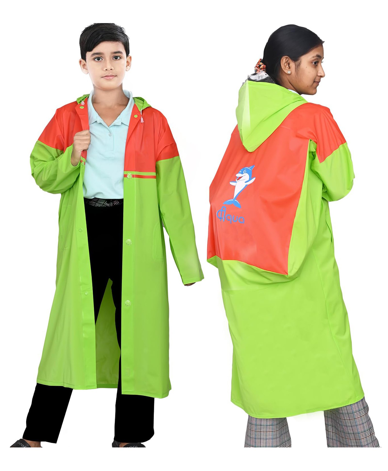 Viva Rainwear PVC Full Sleeves Colour Blocked & Dolphin Back Designed Hooded Raincoat - Green & Orange-picture-27