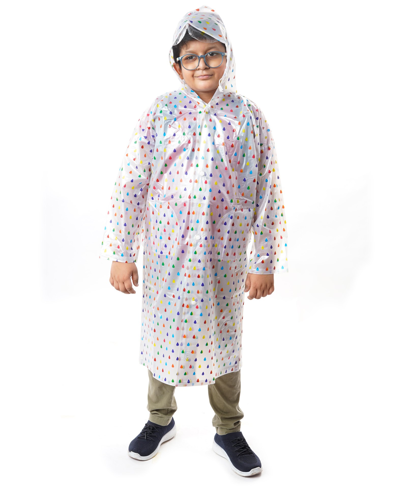 Viva Rainwear PVC Full Sleeves Dew Drops Designed Transparent Hooded Raincoat - White