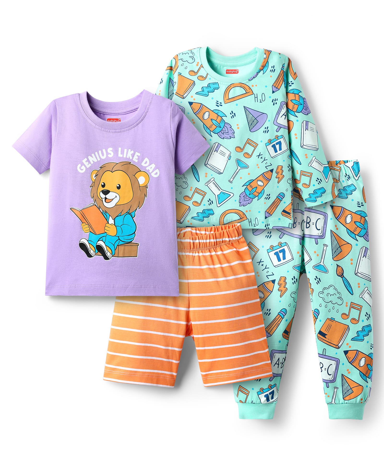 Babyhug Cotton Knit Half Sleeves Shorts Set With Lion Print & Full Sleeves Night Suit With Rocket Print - Multicolour-image-38